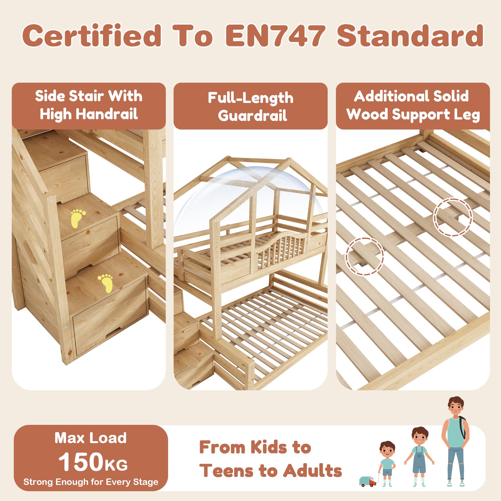 Lit Superposé Enfant avec escalier de rangement et étagères, Lit Enfant multifonctionnel avec 90x200 partie supérieure et 140x200 partie inférieure, en bois naturel Beige Clair Naturel (Sans Matelas)
