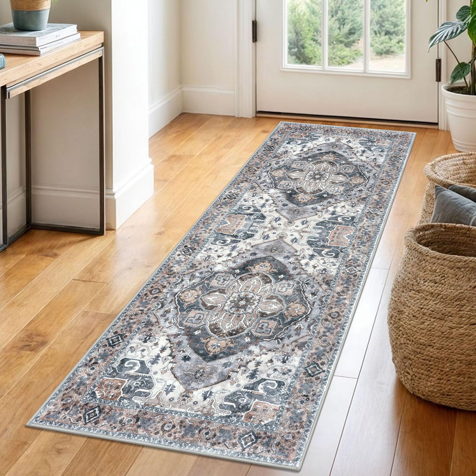 SIILOOM 2x6 Washable Runner Rug for Hallways, Ash Taupe Blue Soft Floor Vintage Kitchen Rugs with Non-Slip, Non-Shedding Boho Rug for Bedroom Kitchen
