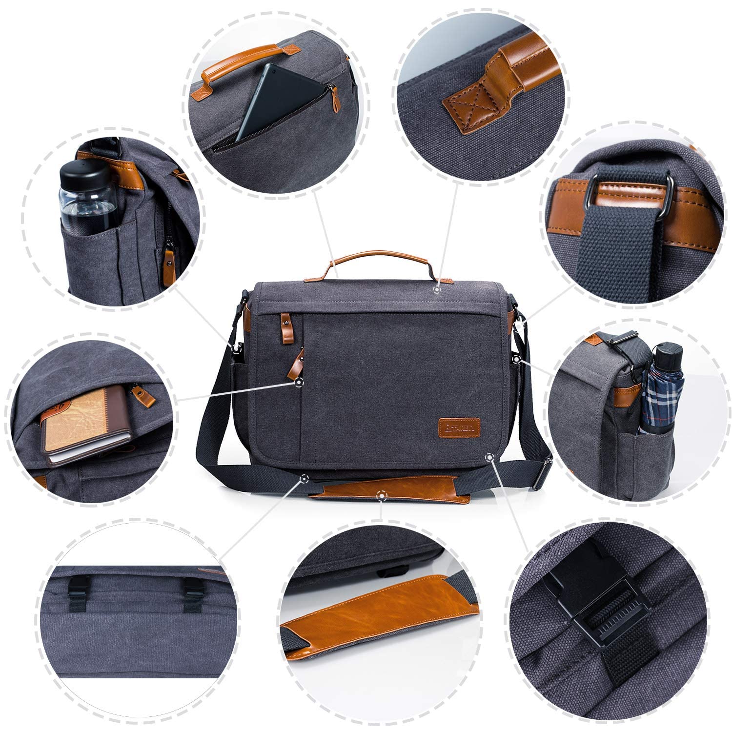 ESTARER Borsa a tracolla per fotocamere reflex digitali DSLR in tela vintage per Nikon, Canon, Sony, Panasonic, Sigma, Tamron, grigio, 15‘’, Modern