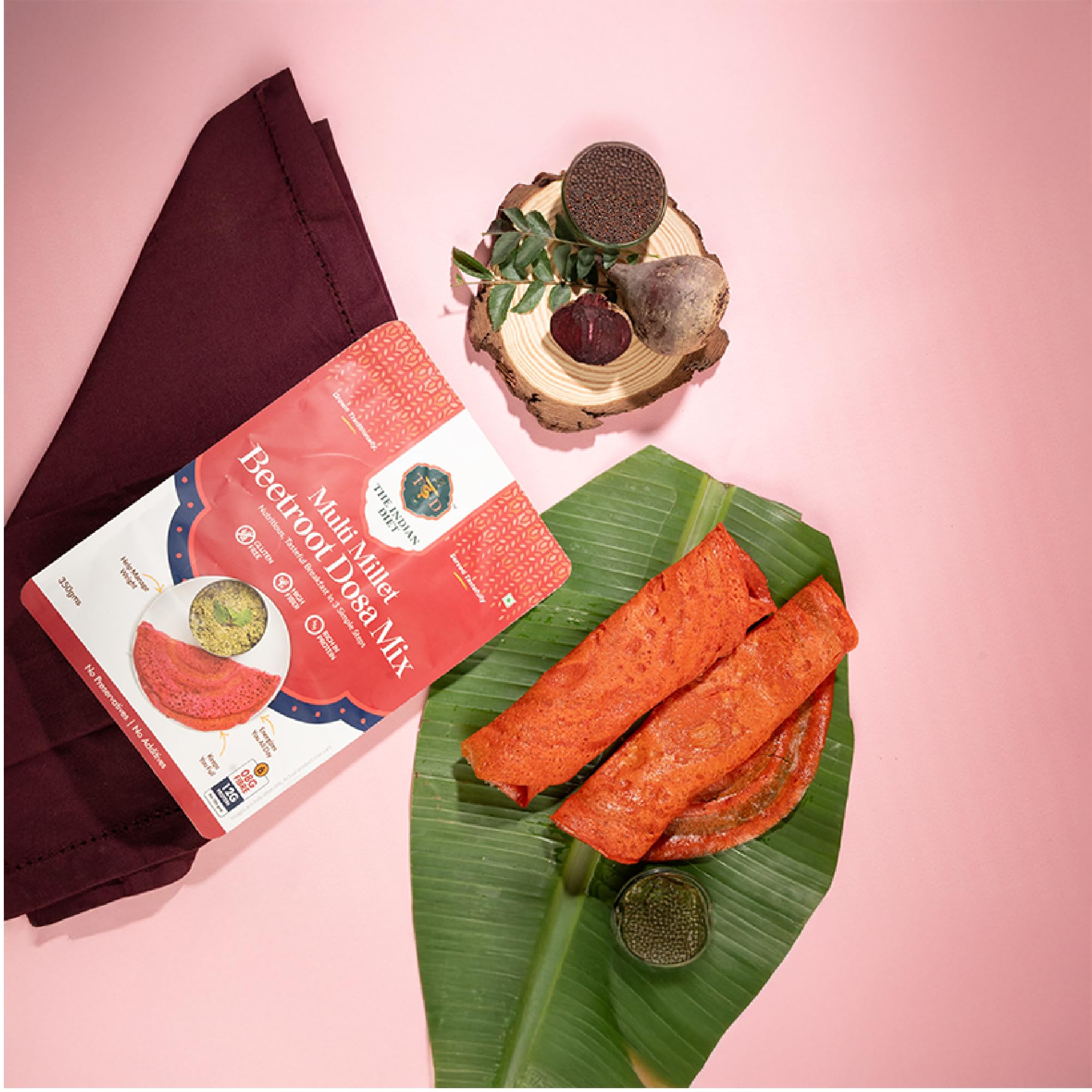 The Indian Diet Multi Millet Instant Beetroot Dosa Mix Breakfast | High Fiber, Protein | Pack of (2 × 350 g) | No Palm Oil | Cooks In 3 easy Steps | No Preservatives or Additives 1