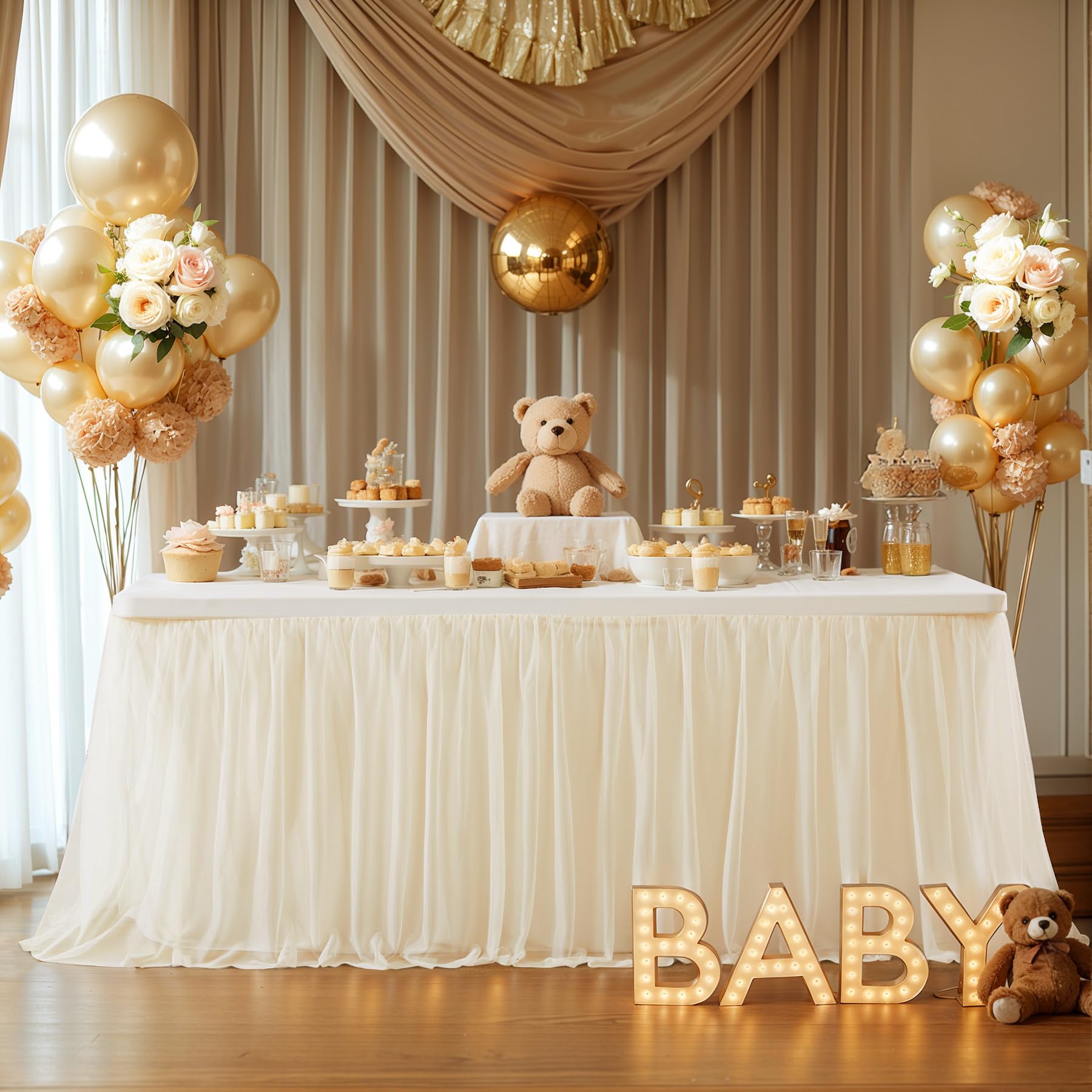 2-in-1 Champagne Tulle Tablecloth with Skirt for 6 Foot Rectangle Tables, Party Ruffle Tutu Table Skirt Stretch Fitted Table Covers for Baby Shower