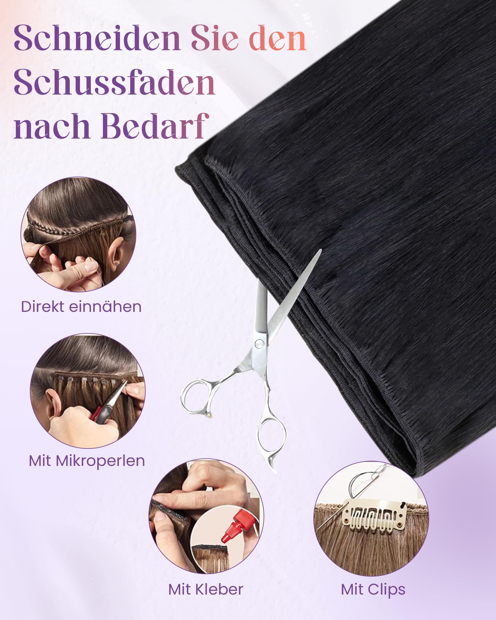 LaaVoo 60cm Echthaar Tressen zum Einnähen Schwarz #1 Remy Menschliches Haar 120g Glatt Extensions