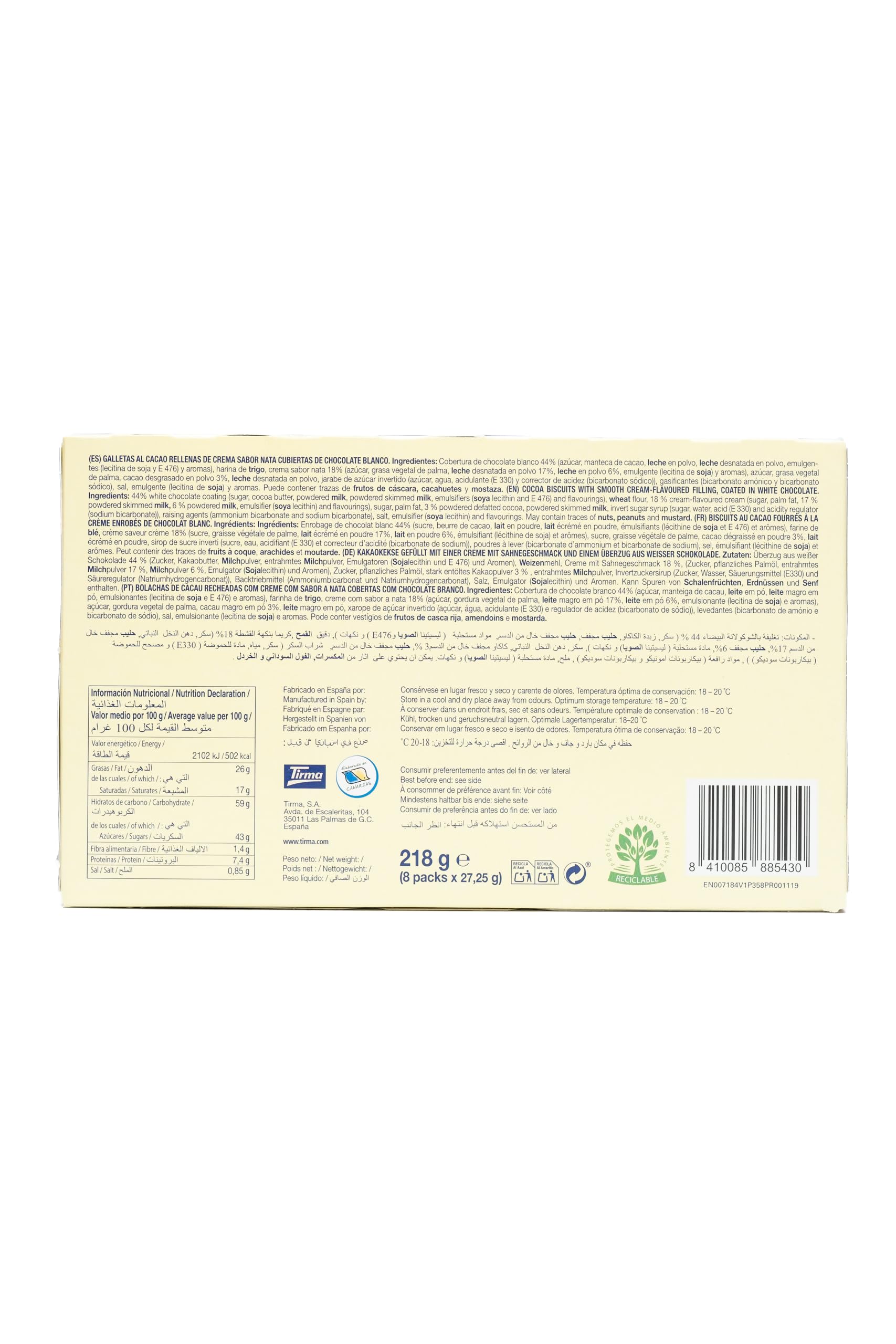 Tirma Choco Sándwich Fino de Chocolate Blanco – 8 Packs de 27,25 g (Estuche de 218 g) | Galletas con Relleno Bañadas en Chocolate Blanco | Snack Dulce Ideal para Merienda y Tentempiés
