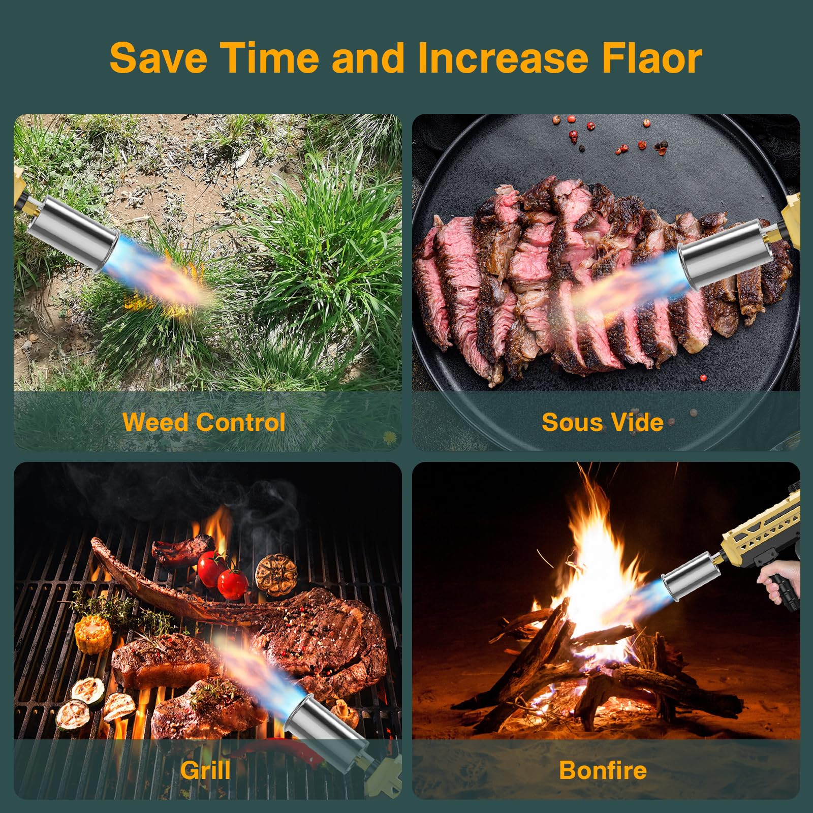 Sondiko Chalumeau de cuisine puissant au propane, briquet de cuisine pour démarrer un feu de camp, brûleur de désherbage réglable pour saisir du steak, barbecue, soudage (Or & Noir) Réservoir de