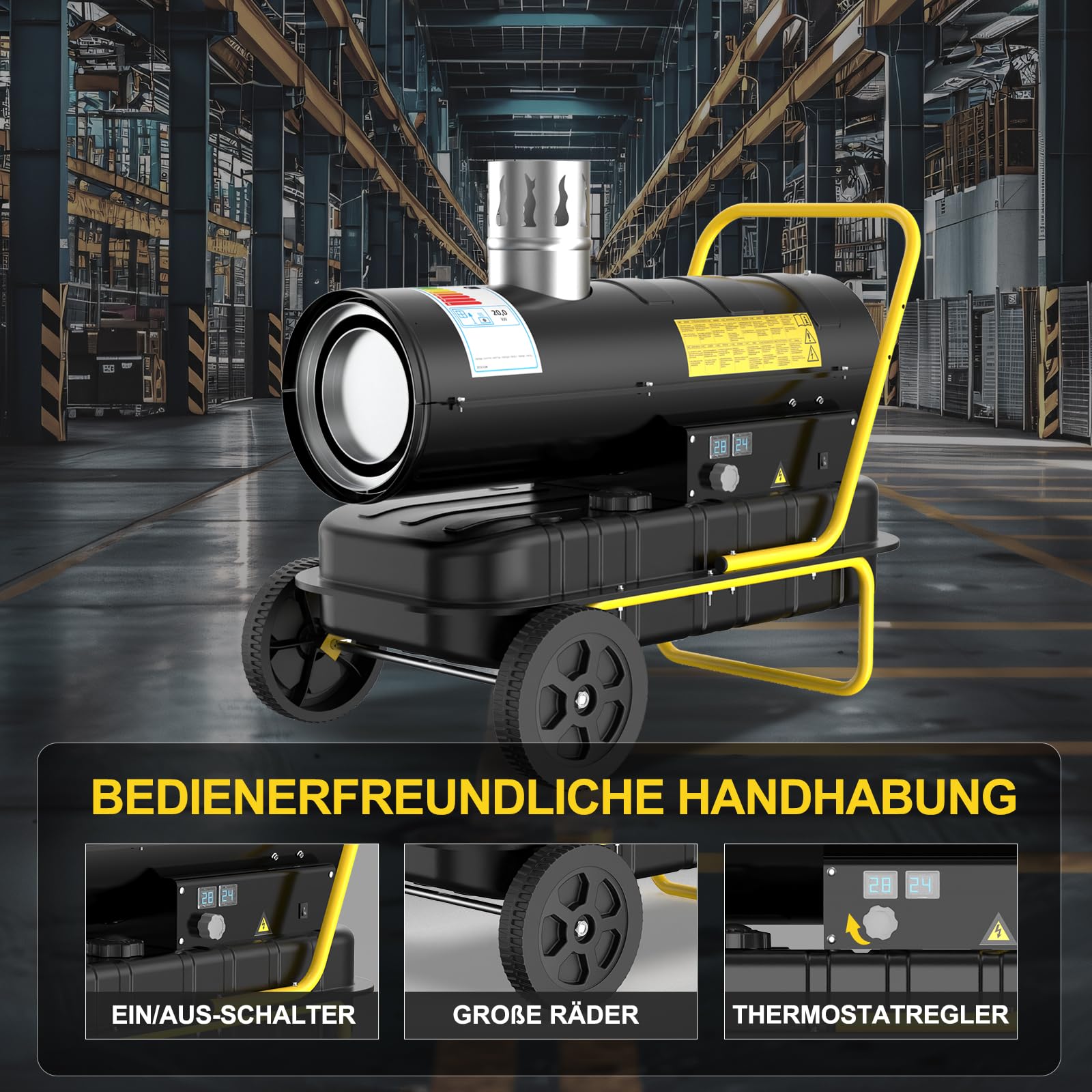 Indirekte Diesel Bautrockner 20 kW Heizkanone Bauheizer - 38 L Großtank - Ölheizer Heizgebläse mit Thermostat für Werkstätten, Baustellen und landwirtschaftliche Betriebe