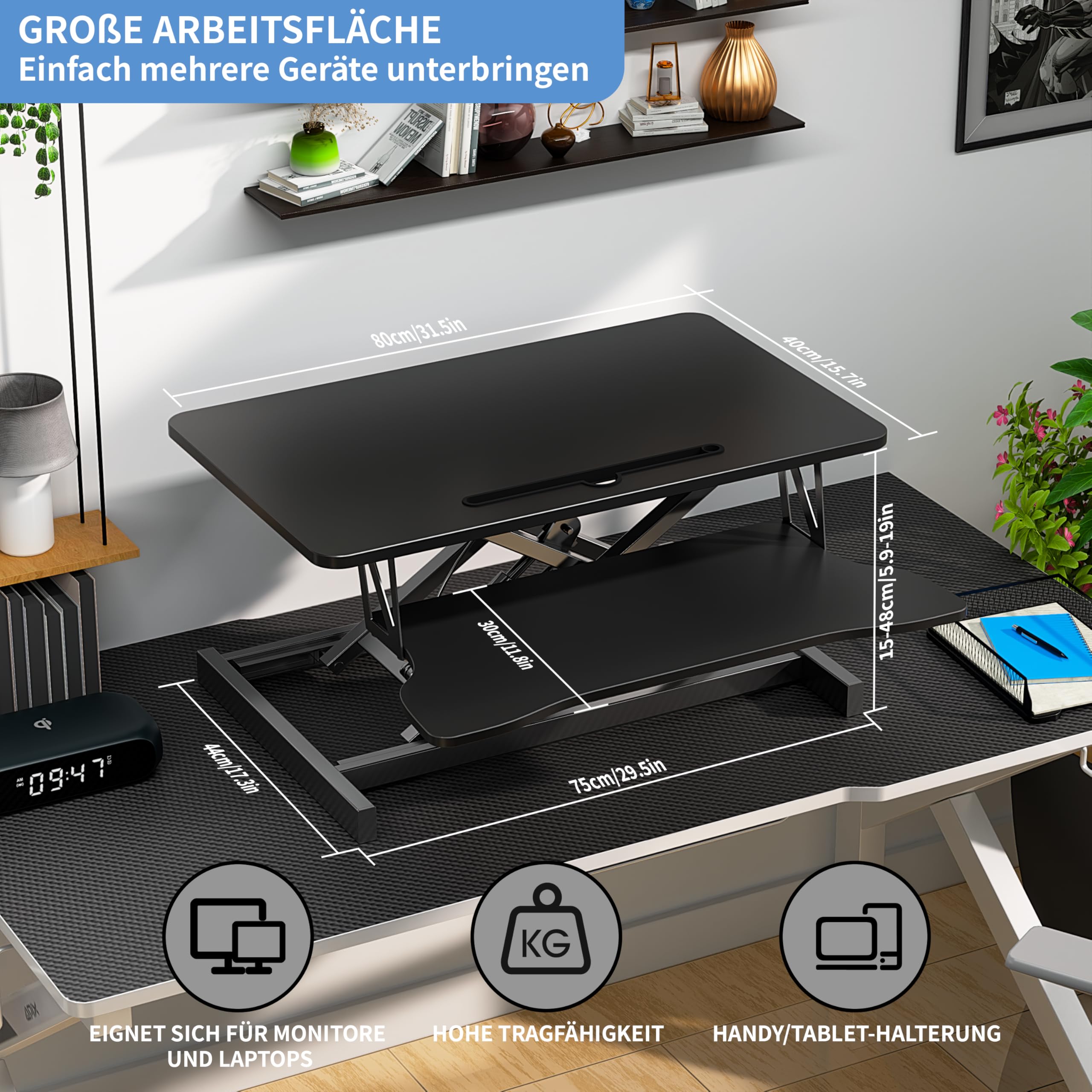 Steh-Sitz Schreibtisch Steharbeitsplatz Stehpult Stehtisch Ergonomische Höhenverstellbar, Arbeitsplatz für zwei Monitore und Laptops mit großer Tastaturablage, Steh-Sitz-Aufsatz für Büro (80CM)