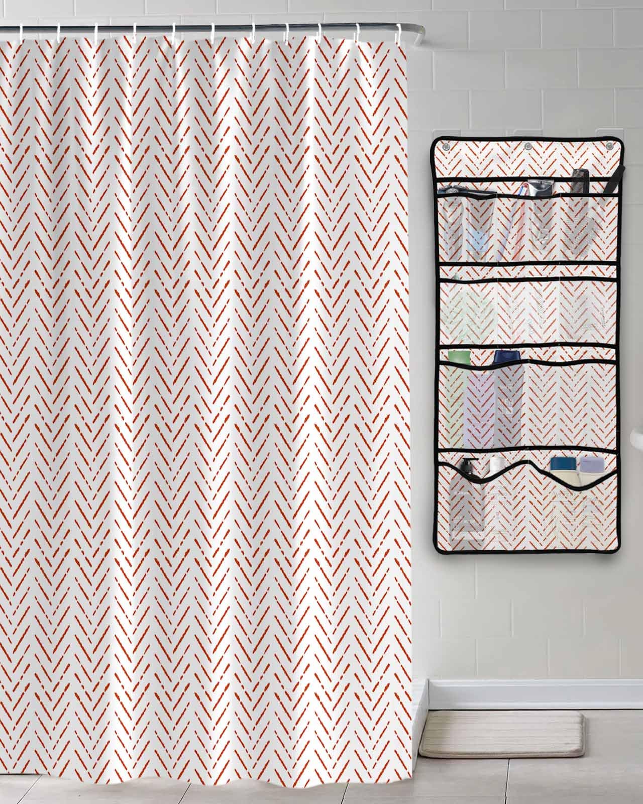 Decorative Shower Curtain Sets White Polyester Fabric Waterproof Bath Shower Curtains Modern Orange Red Geometric Line Texture Mesh