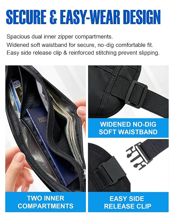 Hidden Money Belt for Travel, RFID Blocking, Sweat-Proof, Extender Strap, 3rd Gen Waist Wallet Anti Theft to Protect Cash, Credit Cards and Documents Under-Clothes for Men & Women, Black by Bamneat - Image 2