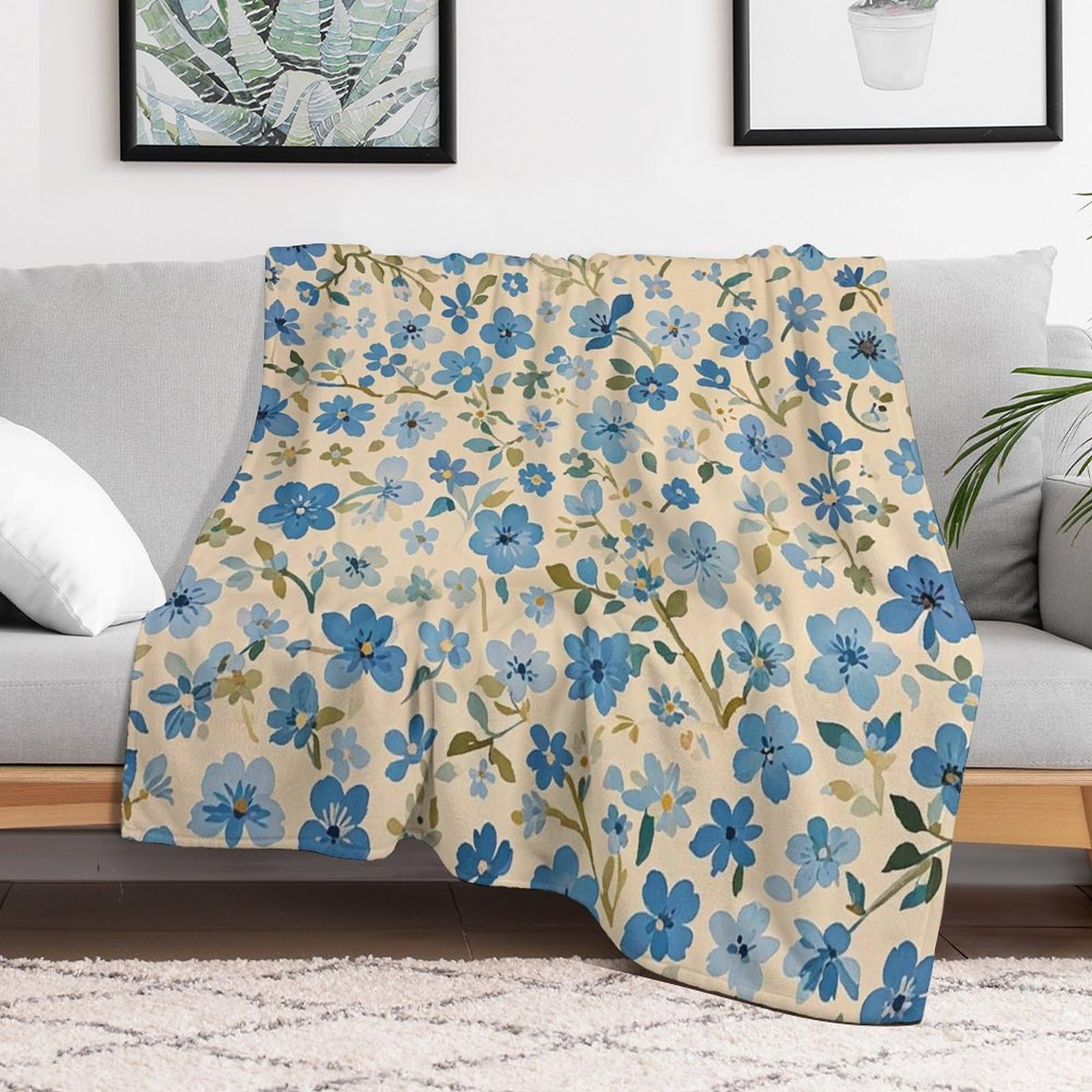 Couverture en micro polaire fleurie bleue 127x152 cm jeté de canapé chaud