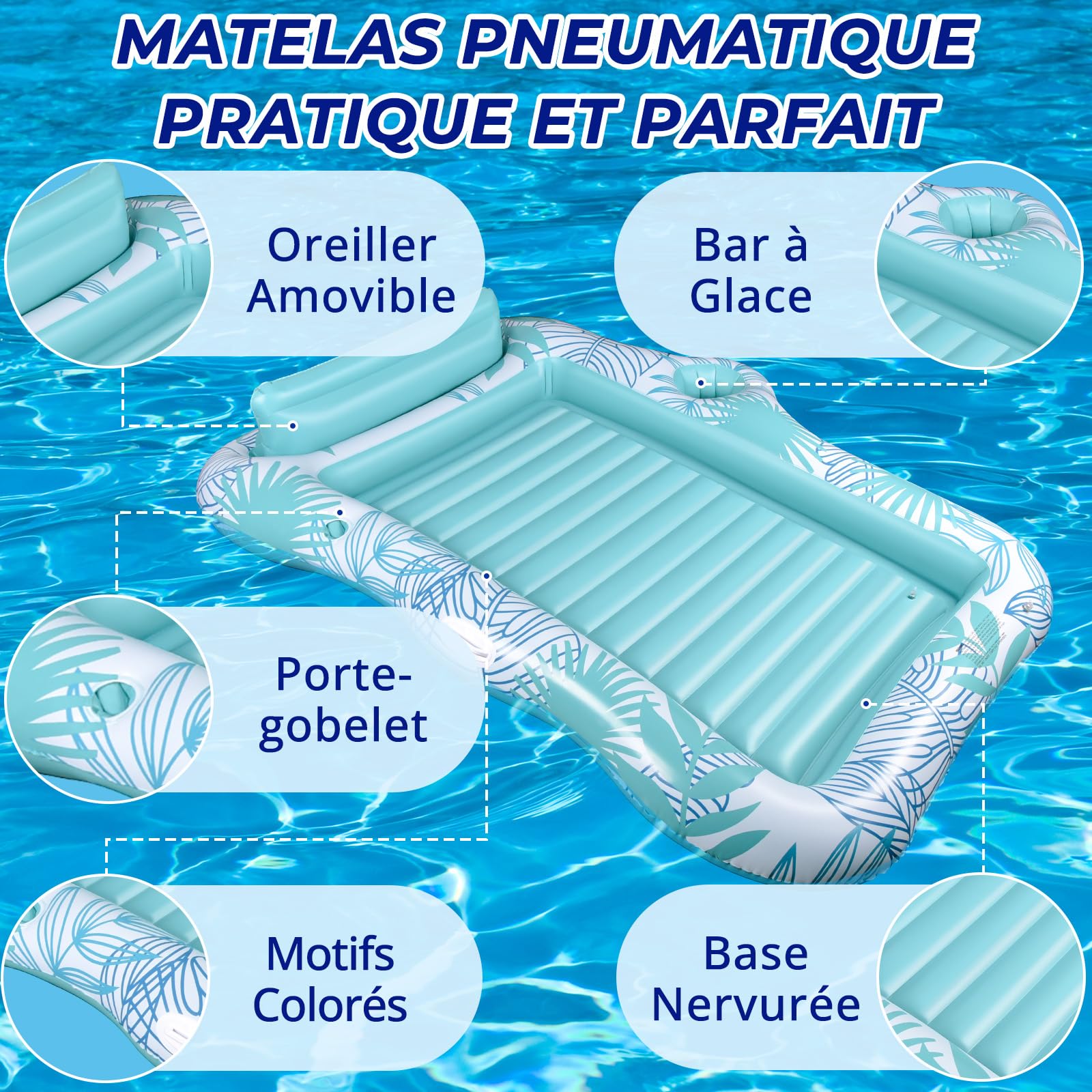 BuzzoXerex Matelas Gonflable Piscine, Double Grand Hamac à Eau Flotteur de Piscine Adulte pour Bain de Soleil avec Appui-tête et Support de Seau à Glace pour Piscine été Plage