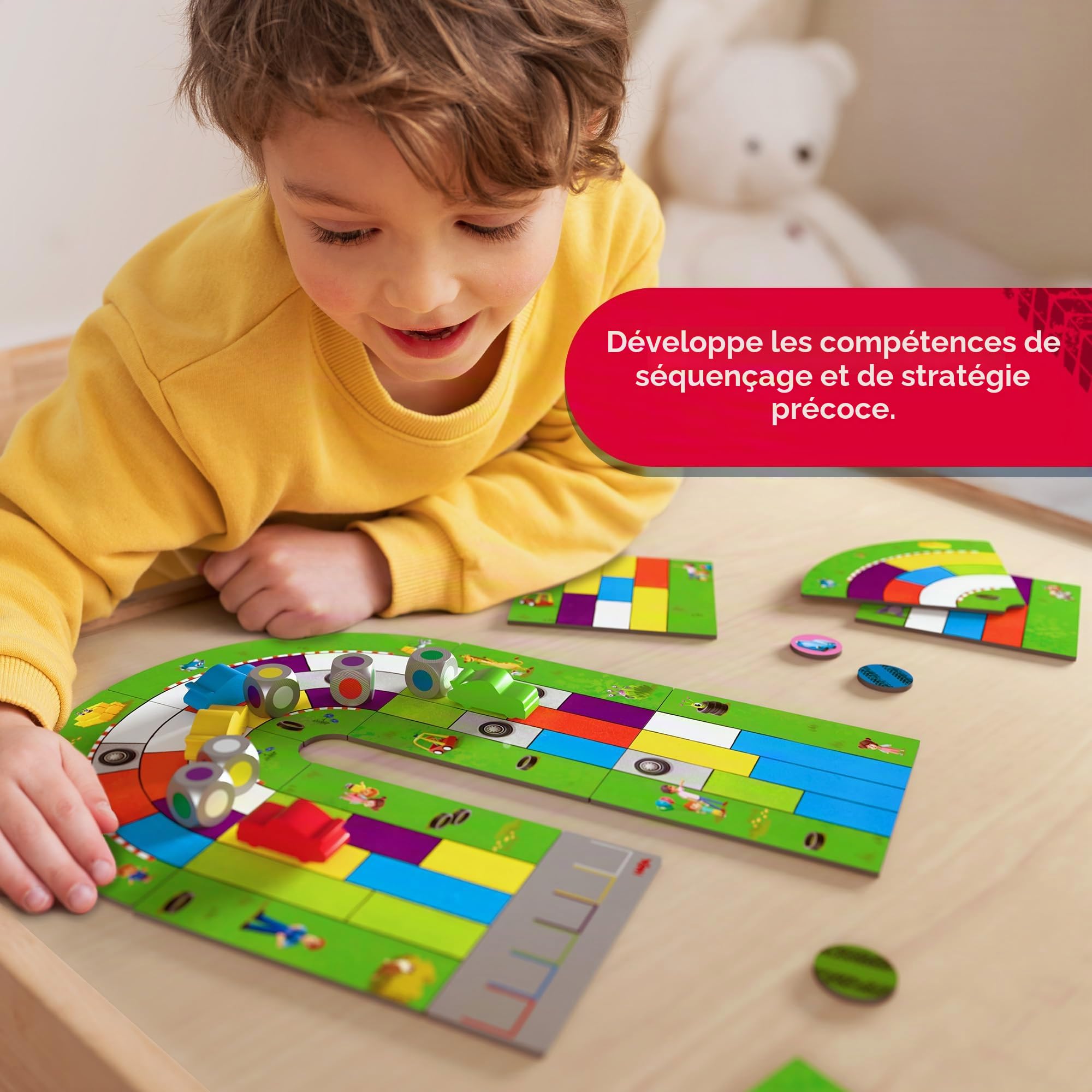 HABA Monza - 2012226001 - Jeu de Société Rapide - Jeu de Course Automatique pour Enfants à partir de 5 ans - Avec 6 Voitures en Bois Colorées & Dés Colorés