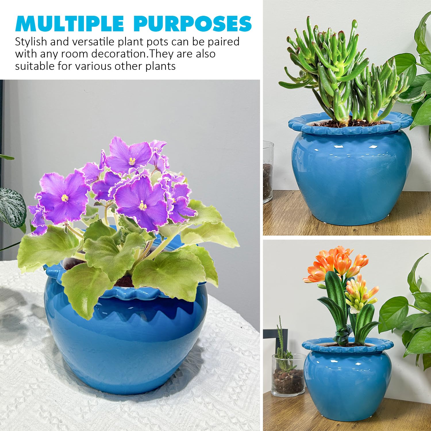 Large African Violet Pots 8 Inch Blue Ceramic Easy Plant Self Watering Pot Ceramic Flowerpot with Water Absorbing Inner Pot Orchid Planter Lawn Yard Outside Decor