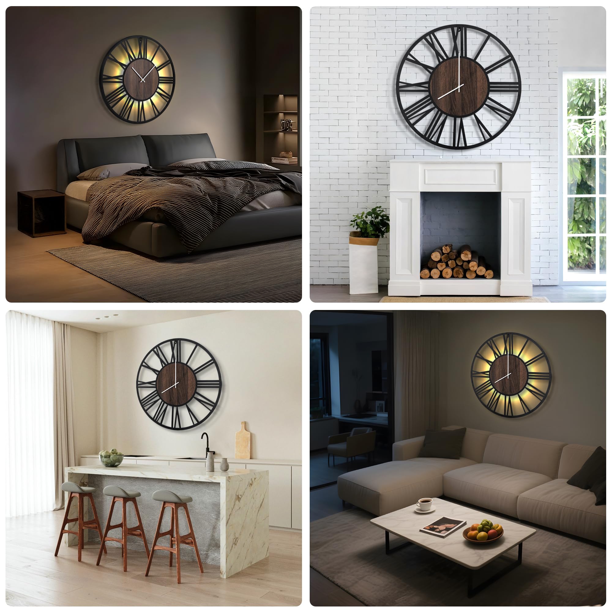 Maxstar Horloge Murale 80cm Silencieuse Style Bois Métal LED Moderne Chiffres Romains Noir