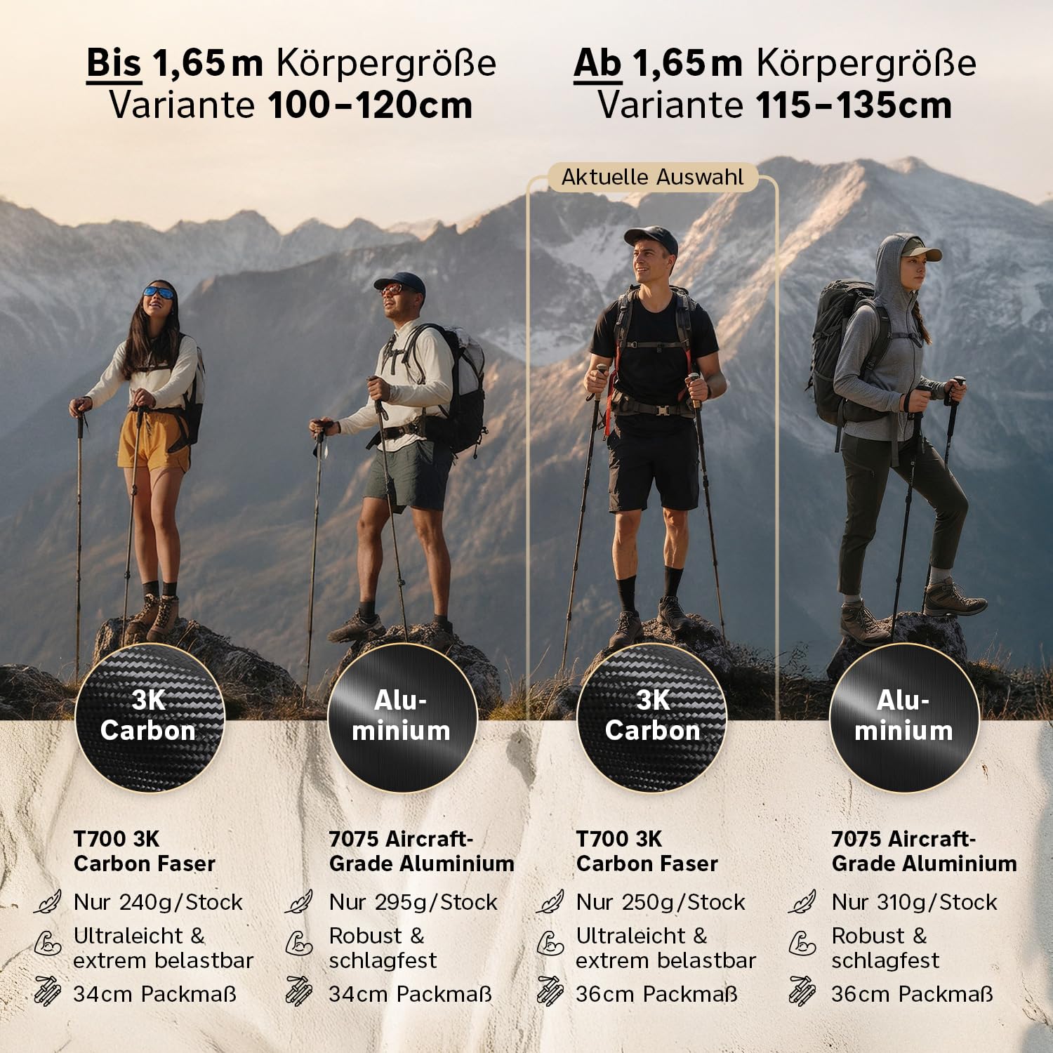 Bastoni da trekking pieghevoli in carbonio e alluminio (solo 240 g/295 g), manico in sughero