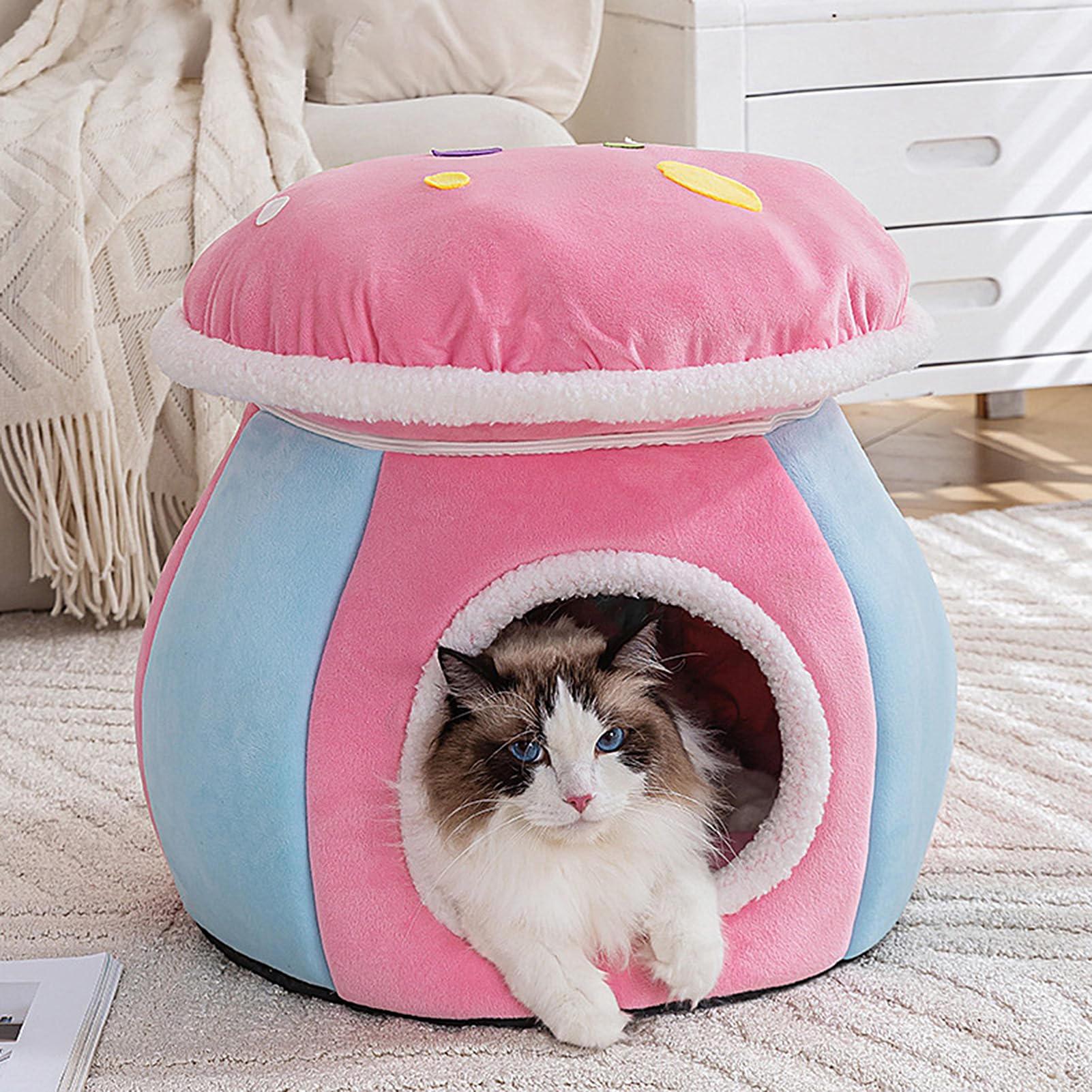 Lit Caverne pour Chat | Niche pour Chien en Forme de Champignon Partiellement Fermée,Maison pour Chat D'Intérieur - Chiot D'Intérieur, Salon, Chambre, Balcon, Appartement, Maison