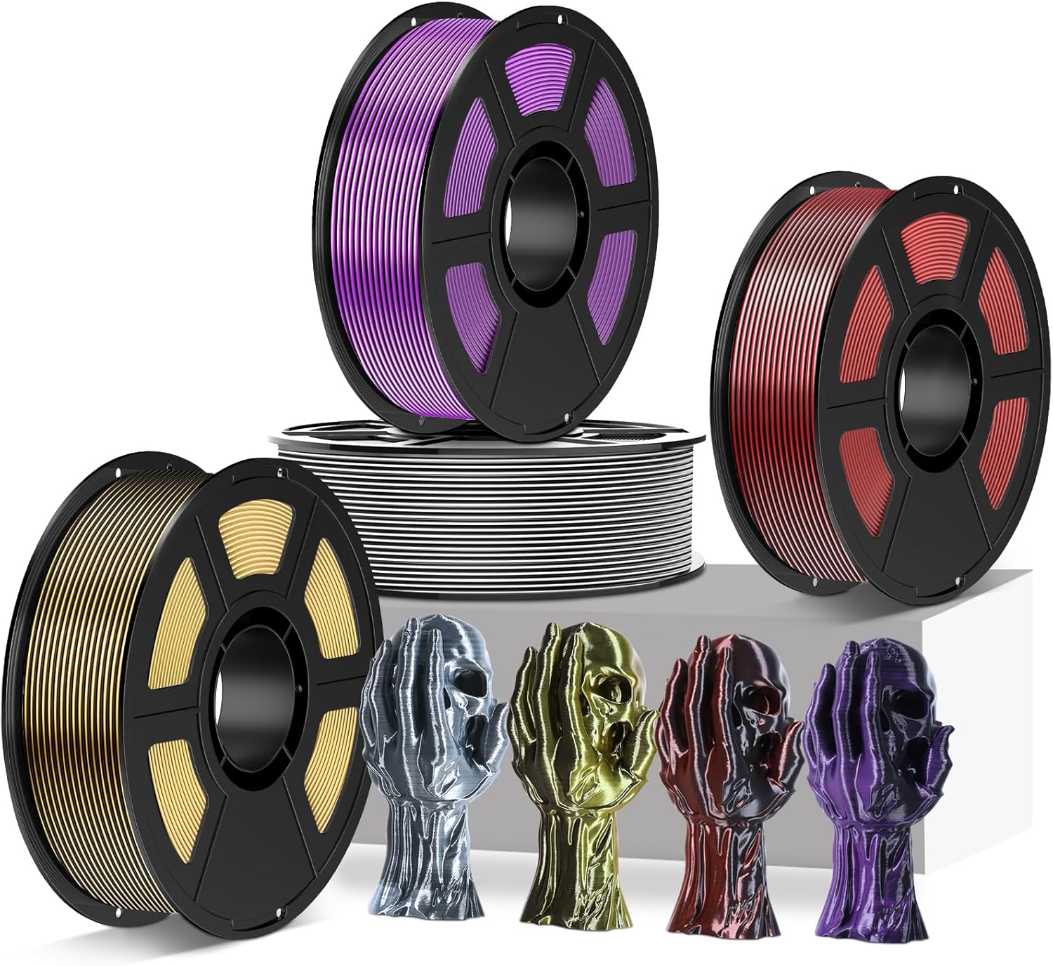 Dual Color Silk PLA Filmanet Bundle 1.75mm | Black Series 4-Pack(1kg per Spool, 4kg Total), Black-White/Red/Gold/Purple, Multicolor High-Speed Flow 3D Printer Filament for FDM 3D Printers & 3D Pens