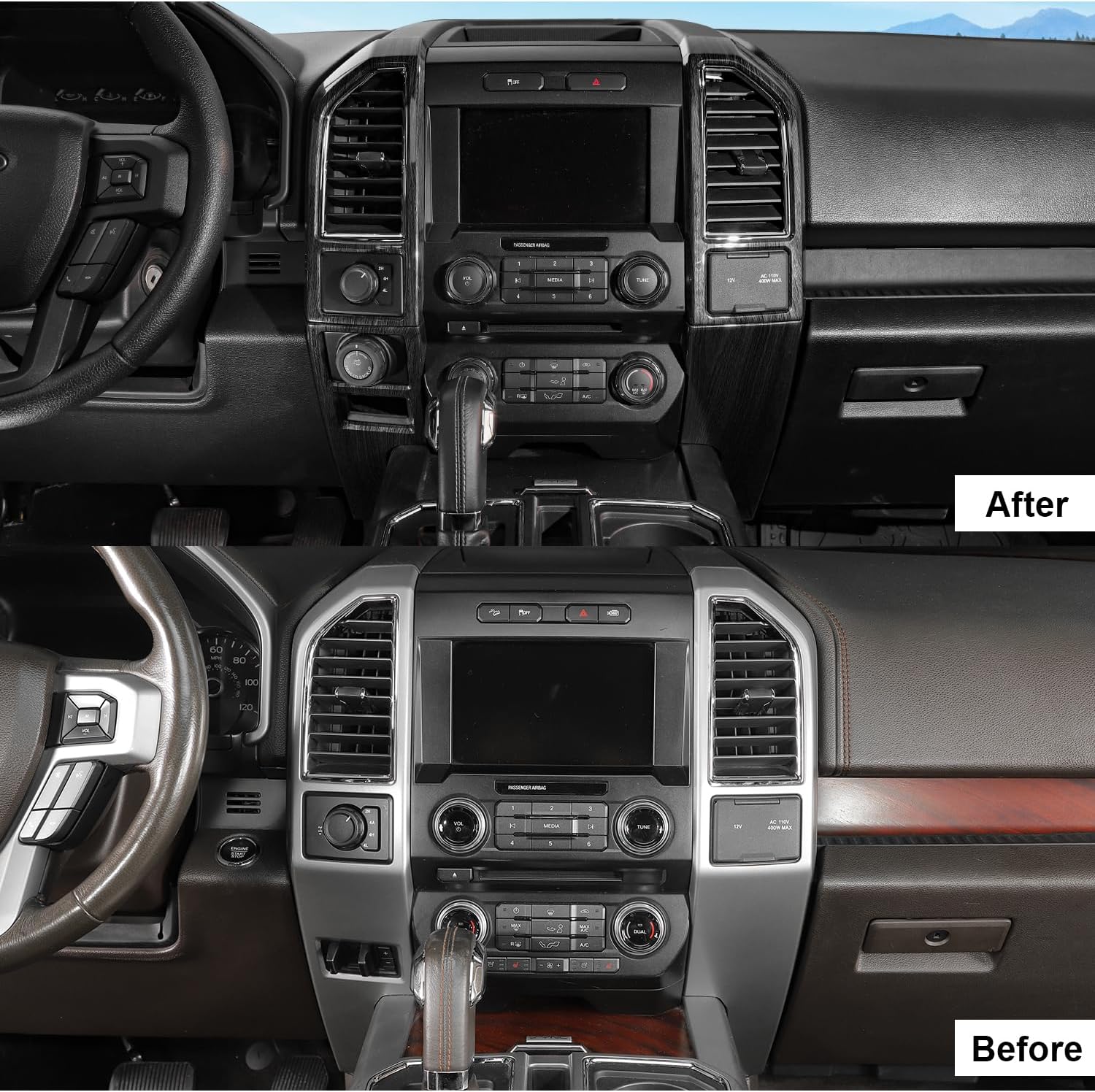 JeCar for F150 Black Wood Grain Interior Trim Kits for 2015-2020 Ford F150 Center Console Dash Air Vent Cover Interior Accessories 4pcs