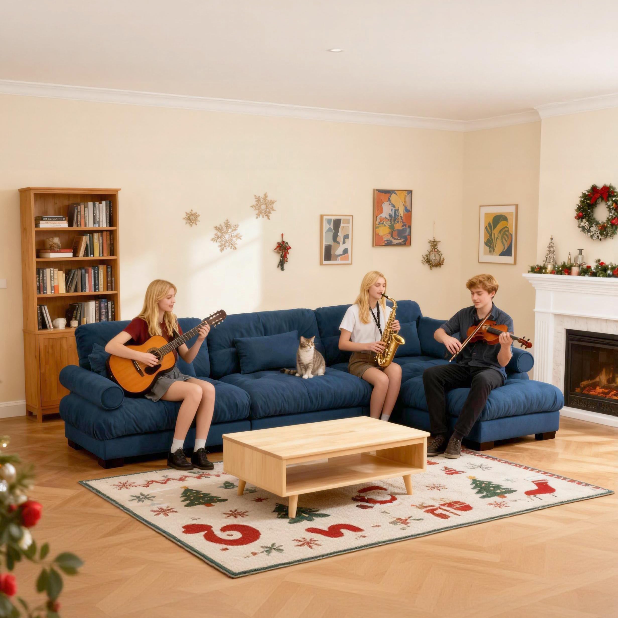 130'' Oversized Velvet Sectional Sofa with Ottoman, 25.6'' 3-Seater Oversized Comfy Cloud L Shaped Couch with Round Bolster Armrests & 5 Pillows for