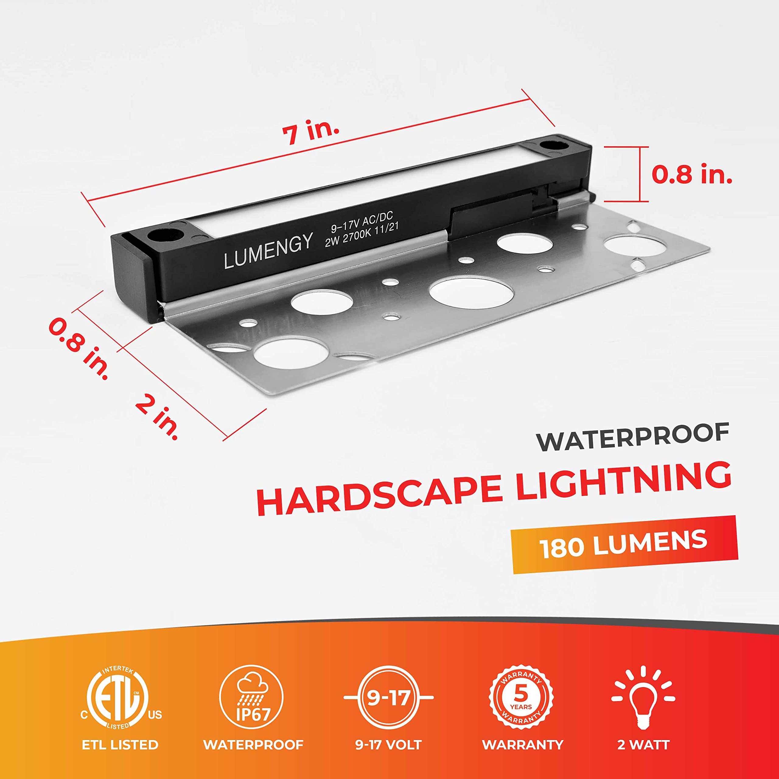 17,8 cm (7 Zoll) 2 W LED-Hardscape-Licht mit leicht austauschbarer Funktion, 3 Montageplatten für Wände, Decks, Pflanzgefäße und Straßenbeleuchtung, 50 K Stunden Lebensdauer, 9 V-17 V schwarzes Finish