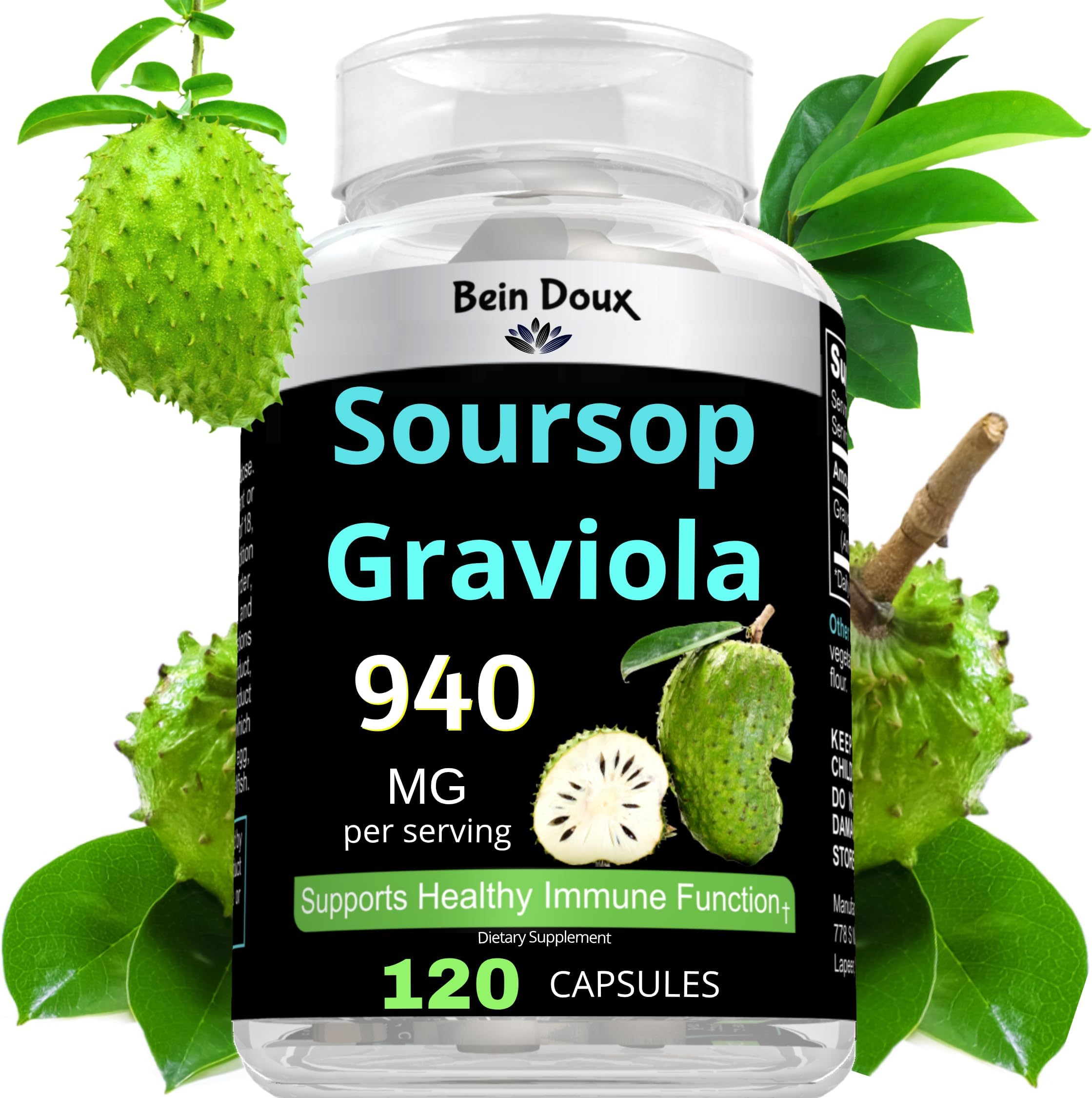 BEIN DOUX 1950mg Soursop Graviola Capsules (Guanábana) Organic Leaves Powder Rich in Potent Anti-Oxidants - 120 Capsules 40 Servings