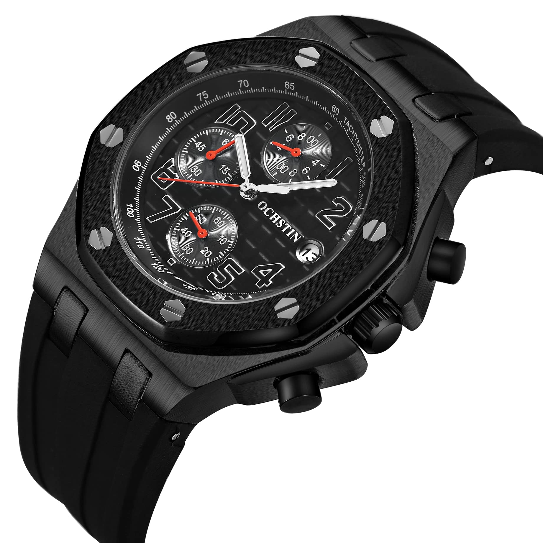 TEINTOP Ochstin Precision Chronograph męski zegarek biznesowy męski ośmiokątne zegarki, Czarny pomarańczowy, Klasyczny