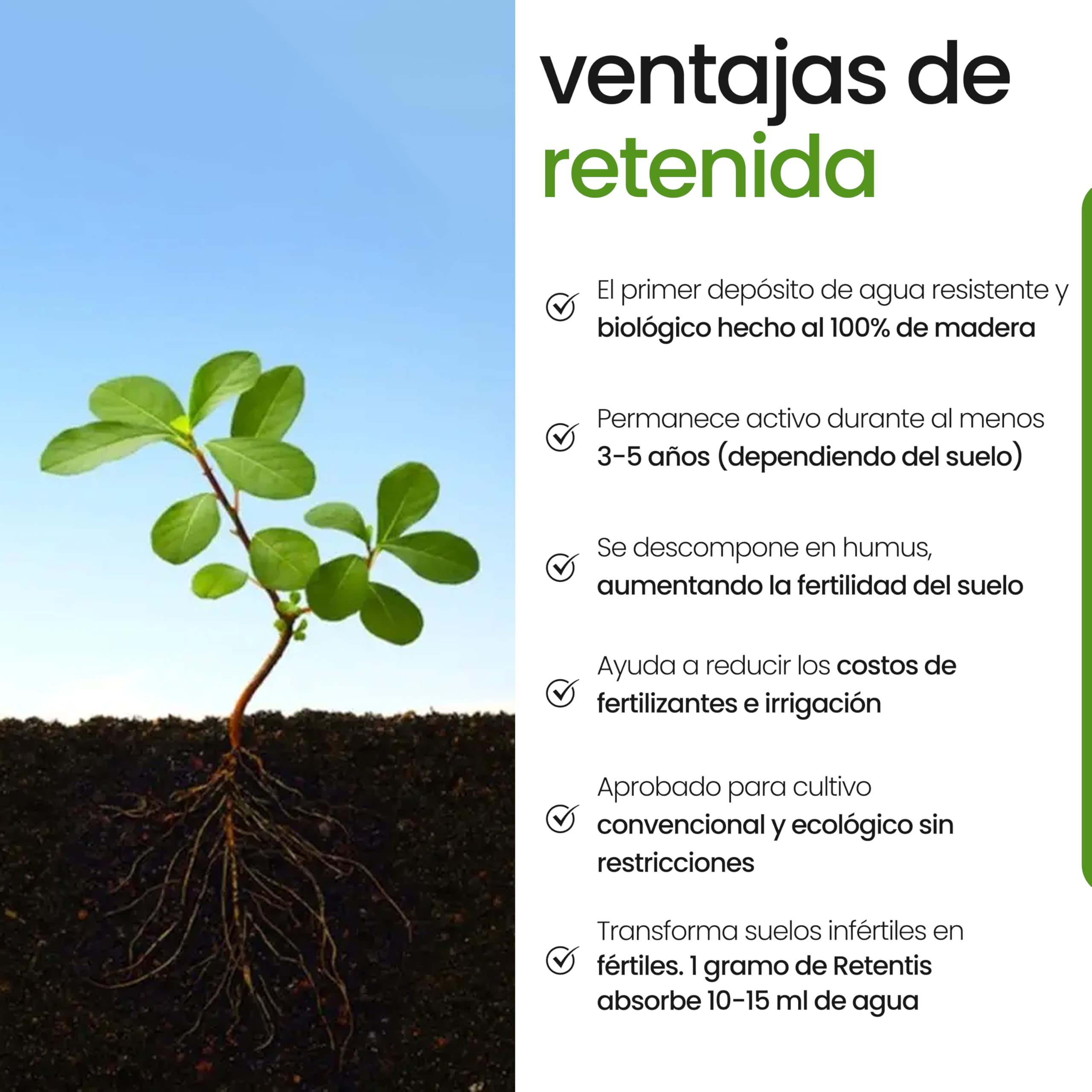 Almacenamiento de agua a largo plazo y gránulos para plantas I reduce el estrés de la sequía y 750 gramos por 40 litros de tierra e hidrogel de madera ecológico