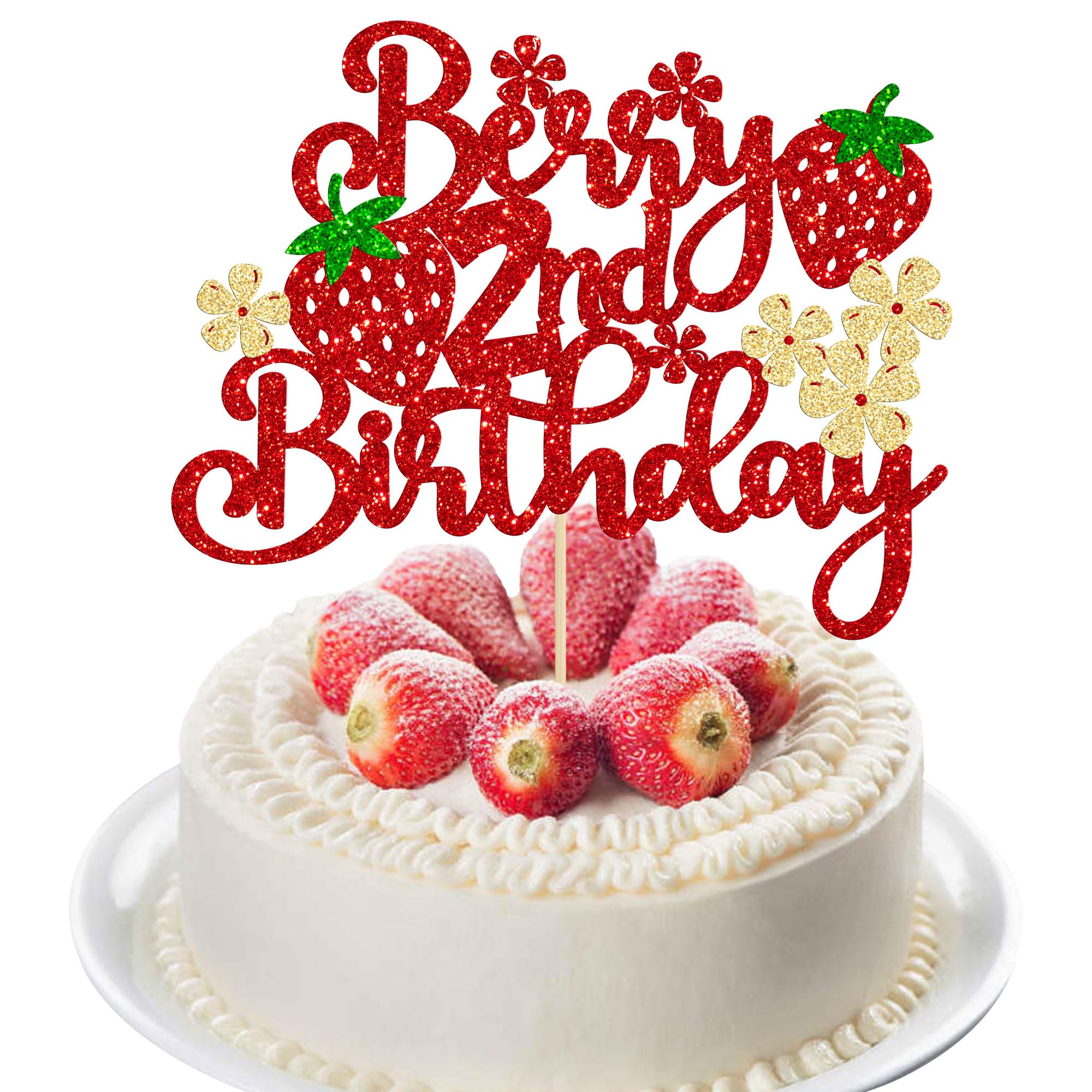 Ephlyn 1Pc Strawberry Berry 2nd Birthday Cake Topper Glitter Second Birthday Flower Strawberry Cake Pick for Sweet Fruit Theme Baby Shower Kids 2nd