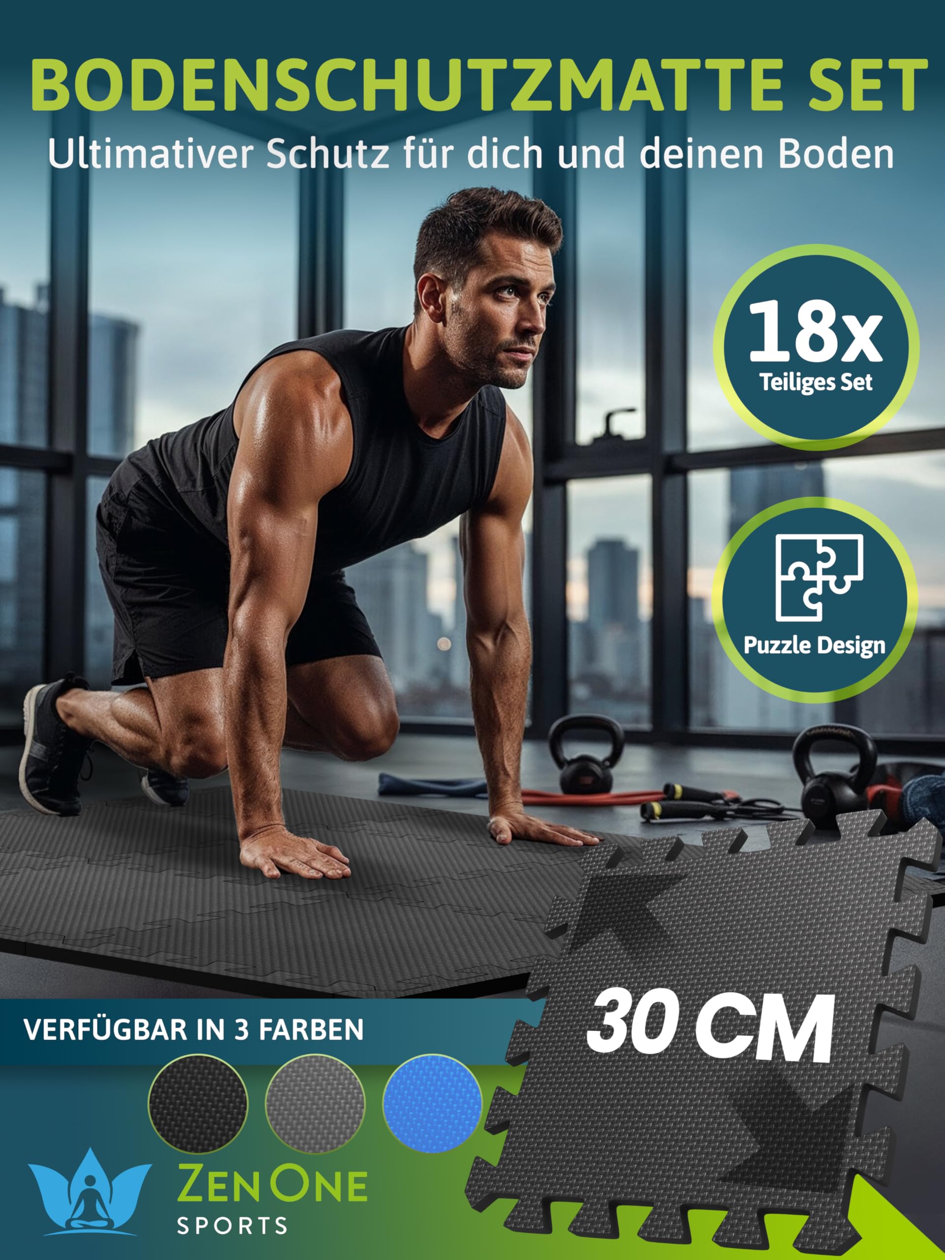 ZenOne Sports® Bodenschutzmatte Fitness I Puzzlematte Boden - 30x30x1cm I Individuell verlegbare Trainingsmatte für dein Home Gym I Robuste Bodenmatte für Sportgeräte, Schaumstoffmatte