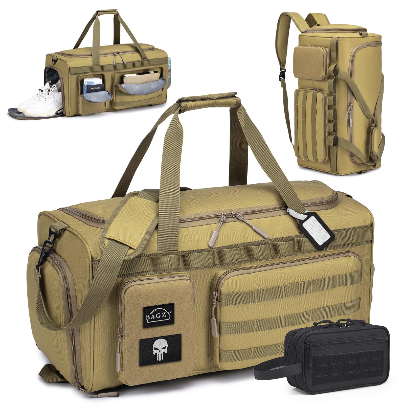 BAGZY Bolsa Deporte Hombre 55 litros 3 en 1 Mochila Gimnasio Táctica Militar Bolsa de Viaje Mujer Impermeable con Compartimento para Zapatos con Neceser de Viaje para Deportes Fitness Camping Cachi
