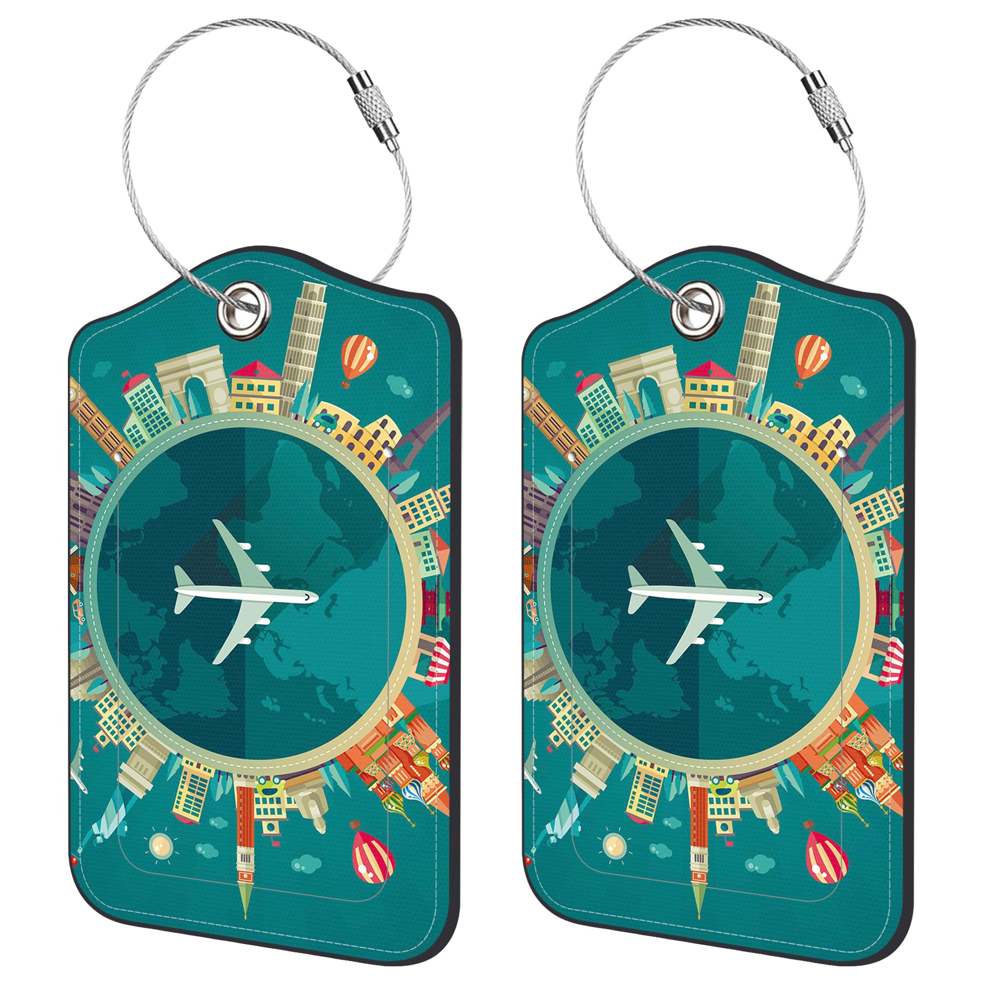 Neidius 2 Pack Luggage Tags for Suitcase,Travel Around The World PU Leather Idea Baggage Tag with Name Labels Privacy Cover Metal Ring Men and Women