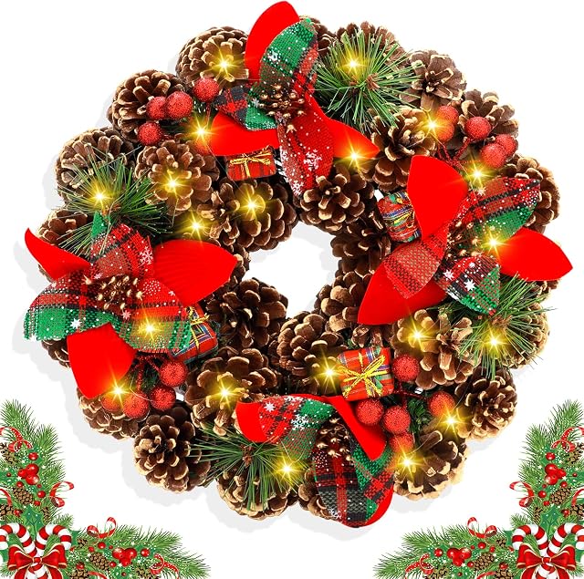 McNory 30cm Christmas Wreath Xmas Decorations Winter Pine Door Wreath Front Door Artificial Pine Garland with LED Light Red Flower Berries Balls Decor Christmas Window Wall Decorations