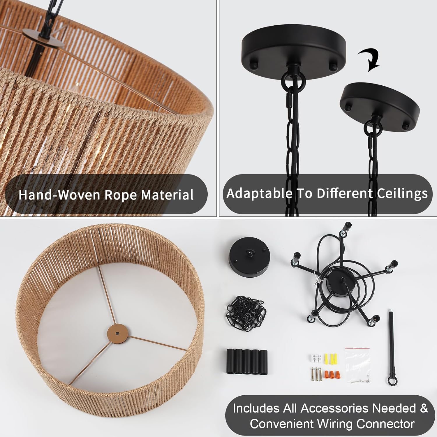 LASENCHOO 5 Lights Boho Drum Chandeliers for Dining Room Light Fixture, 19" Woven Pendant Light Fixture Hanging Bohemian Chandelier for Living Room Kitchen Entryway Hallway Bedroom, Height Adjustment