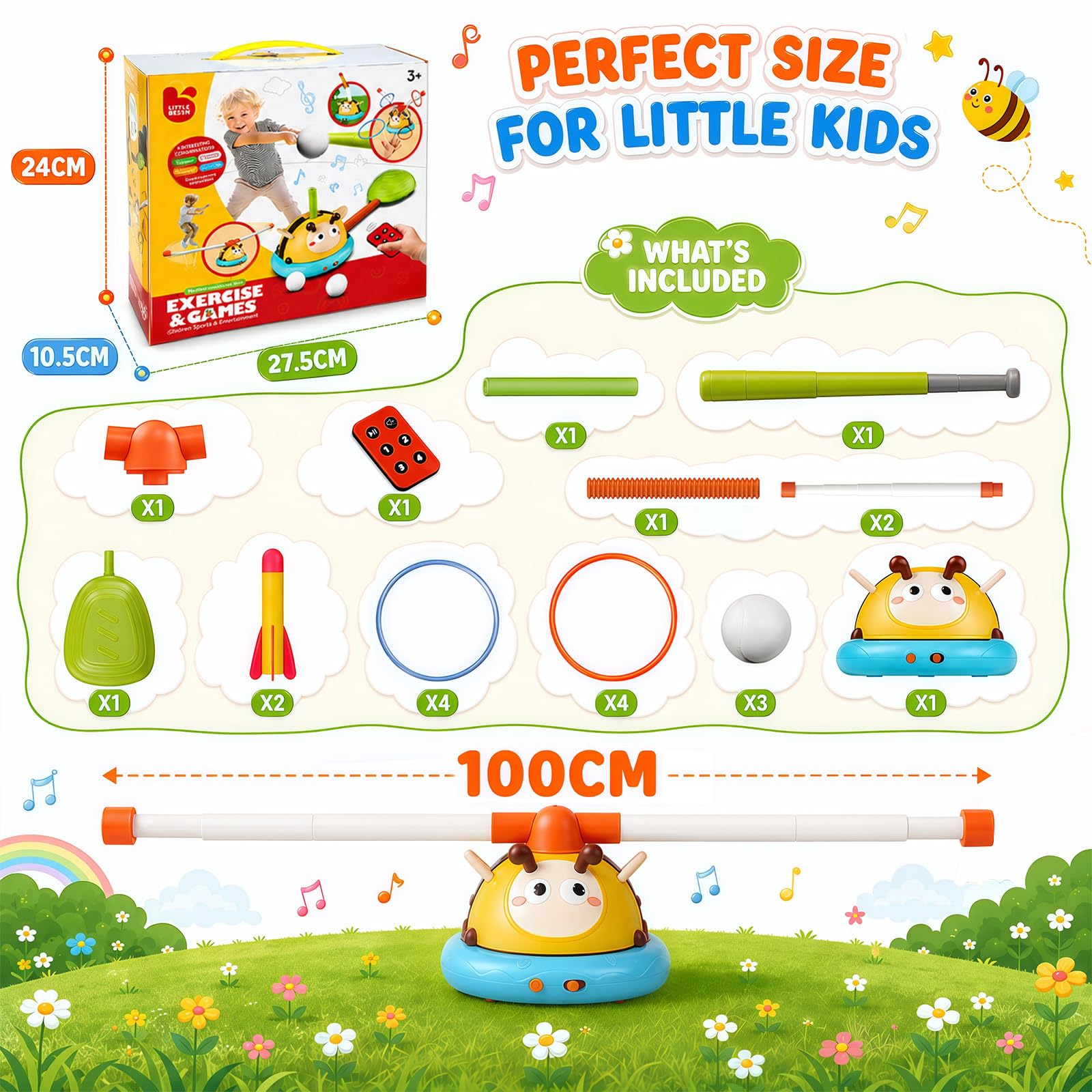 4 en 1 Jeux Exterieur Enfant Ouet Fusée, Corde À Sauter, Lancer D’Anneaux, Base-Ball, Jouet Exterieur Enfant avec Télécommande Jeux Extérieurs Enfants Cadeaux Garçons Filles 3 4 5 6 7 8 9 10 Ans