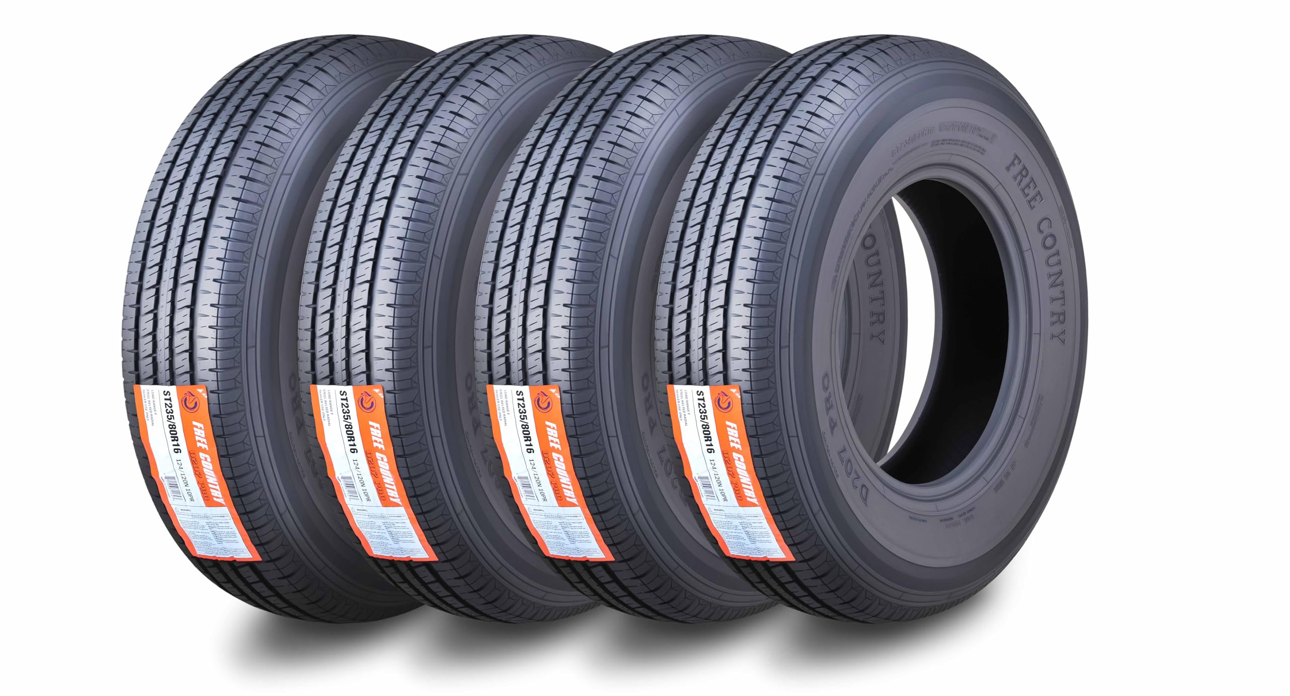 Free Country Grand Ride Set 4 Trailer Tires ST235/80R16 Radial 10 Ply Load Range E Steel Belted Radial w/Featured Scuff Guard 11123