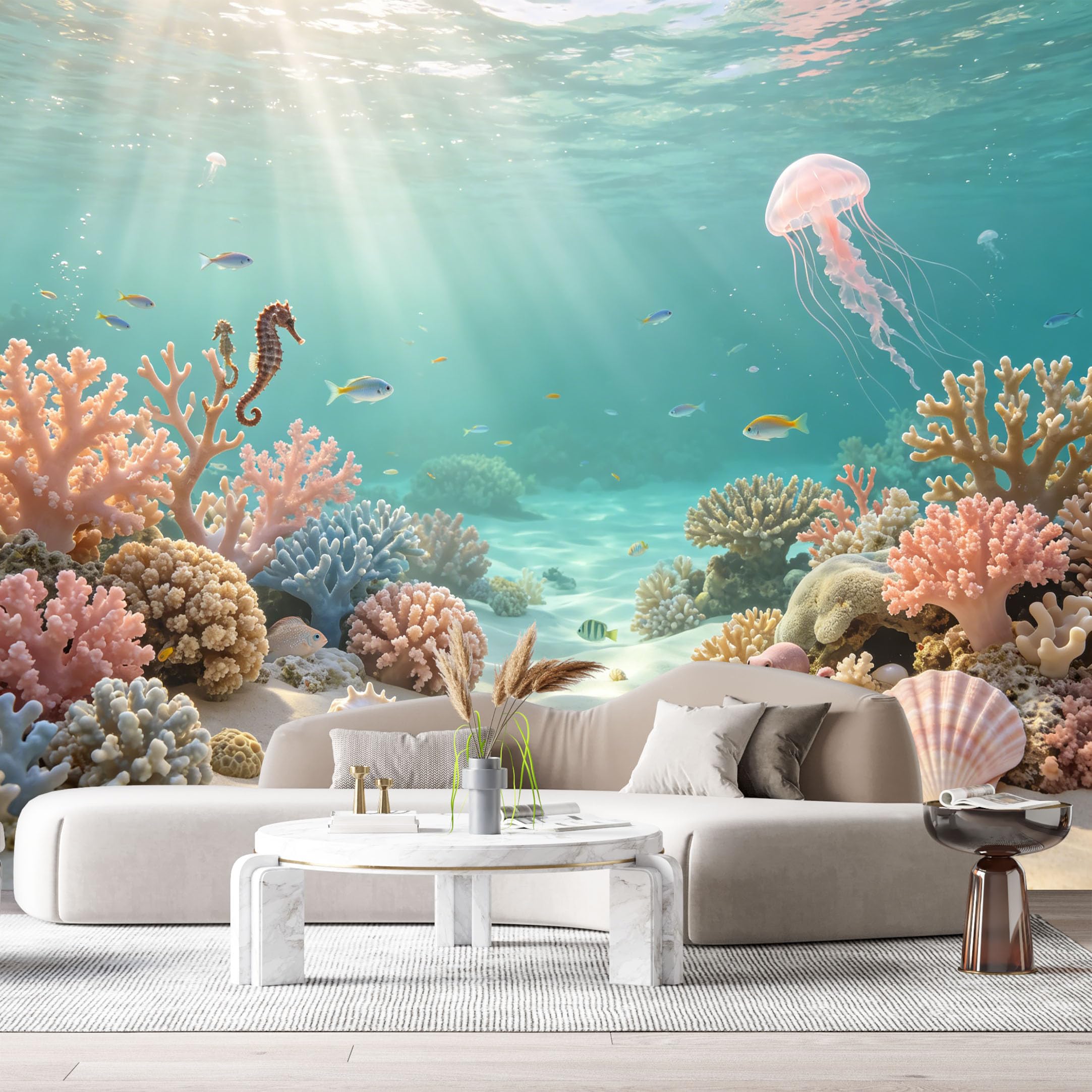 Custom Size Wall Murals Ocean Marine Jellyfish Seahorse Coral Reef Underwater Scenery SelfAdhesiveWall Fabric Removable Wallpaper Wall Decor for Living Room Bedroom Bathroom