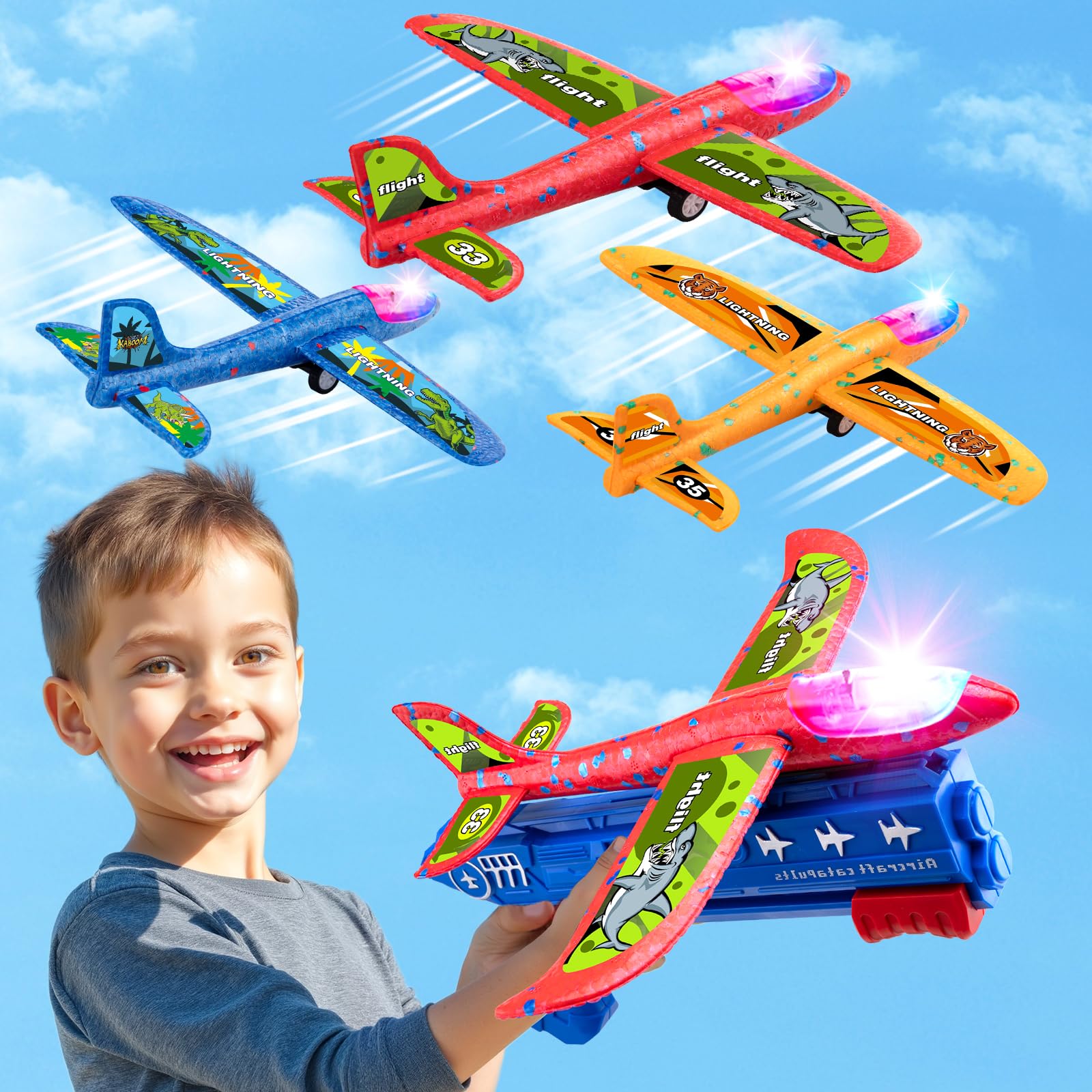 Bigdream 3 Pack LED Airplane Launcher Toys with 1 Launchers, 2 Flight Mode Glider Catapult Plane with Stickers, Flying Outdoor Toys for 3 4 5 6 7 8 9 10 11 12 Year Old Kids Boys Girls Birthday Gifts