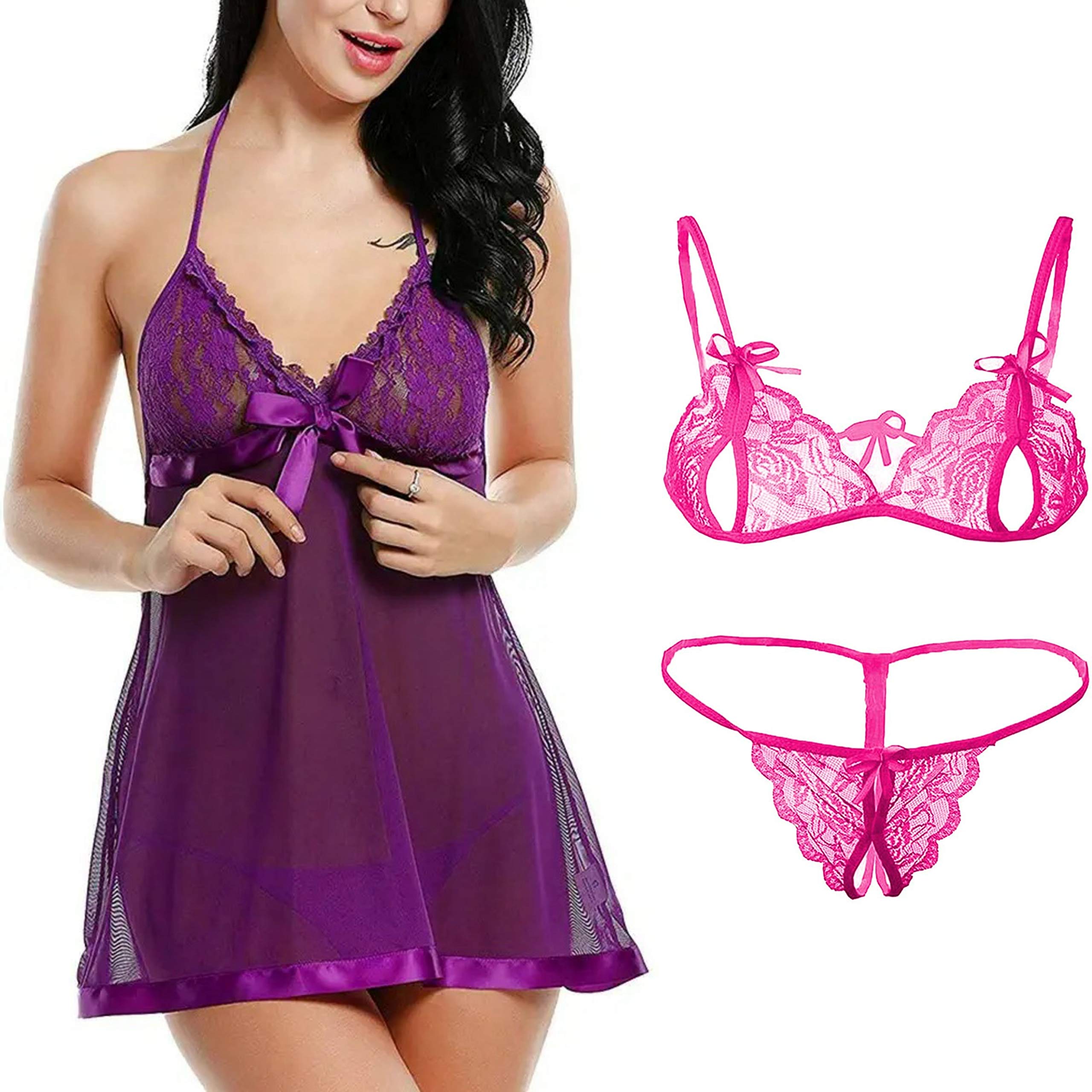 flute Women's Sexy Lingerie See Through Floral lace v Neck Halter mesh Chemise Sexy Babydoll Combo Pack Free Size-picture-30