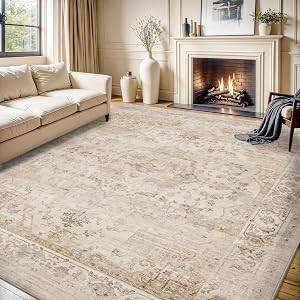 MontVoo-Area Rug 5X7 Rugs for Living Room-Beige Machine Washable Rug-Soft Living Room Rug-Vintage Non Slip Carpet-Rugs for Bedrooms Dining Room Living Room Office