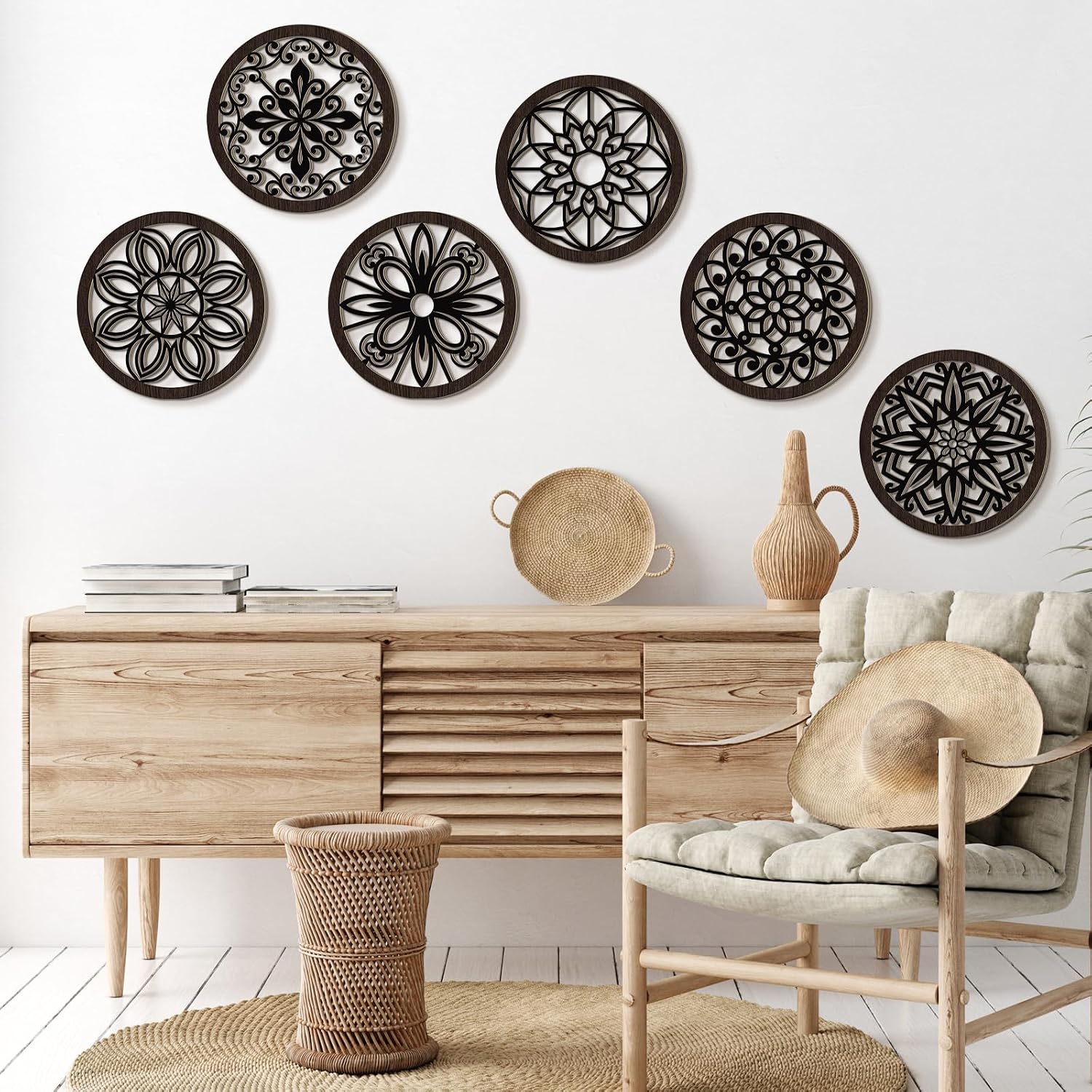 Ferraycle 6 Pieces Thicken Rustic Wall Decor Farmhouse Wall Art Wooden Round Art Hanging Decoration Hollow Carved for Living Room Bedroom Kitchen Office Apartment Hallway(Black Brown) image 4