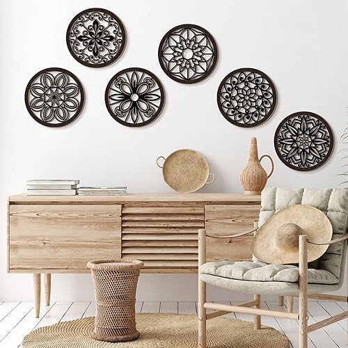 Miniatura 4 de Ferraycle 6 piezas gruesas rústicas de decoración de pared de granja, arte redondo de madera, decoración colgante hueco tallado para sala de estar,