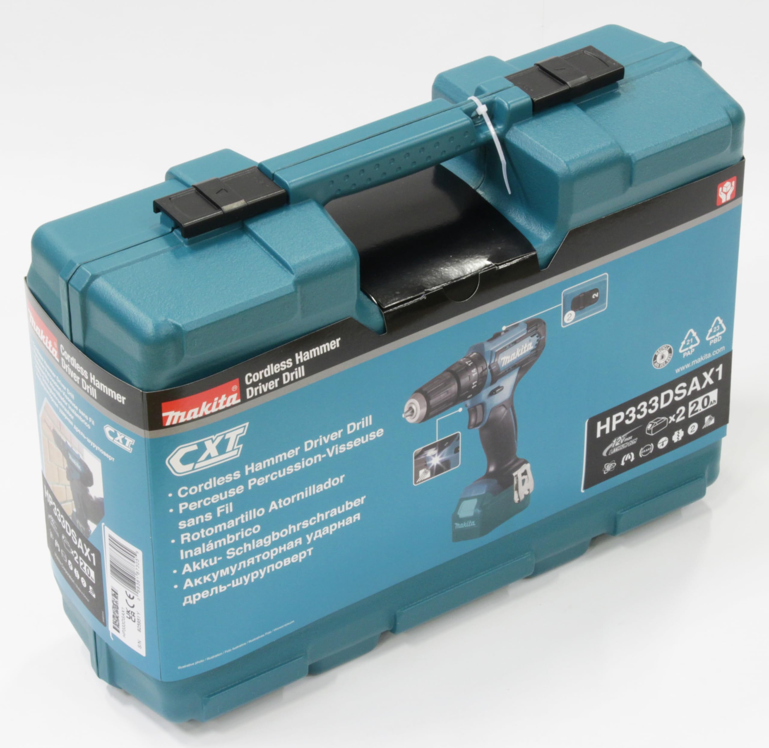 Makita HP333DSAX1 Schlagbohrschrauber 12 V Max., 2,0 Ah, 2 Akkus Plus Ladegerät in Transportkoffer, Batteriebetrieben, Blau