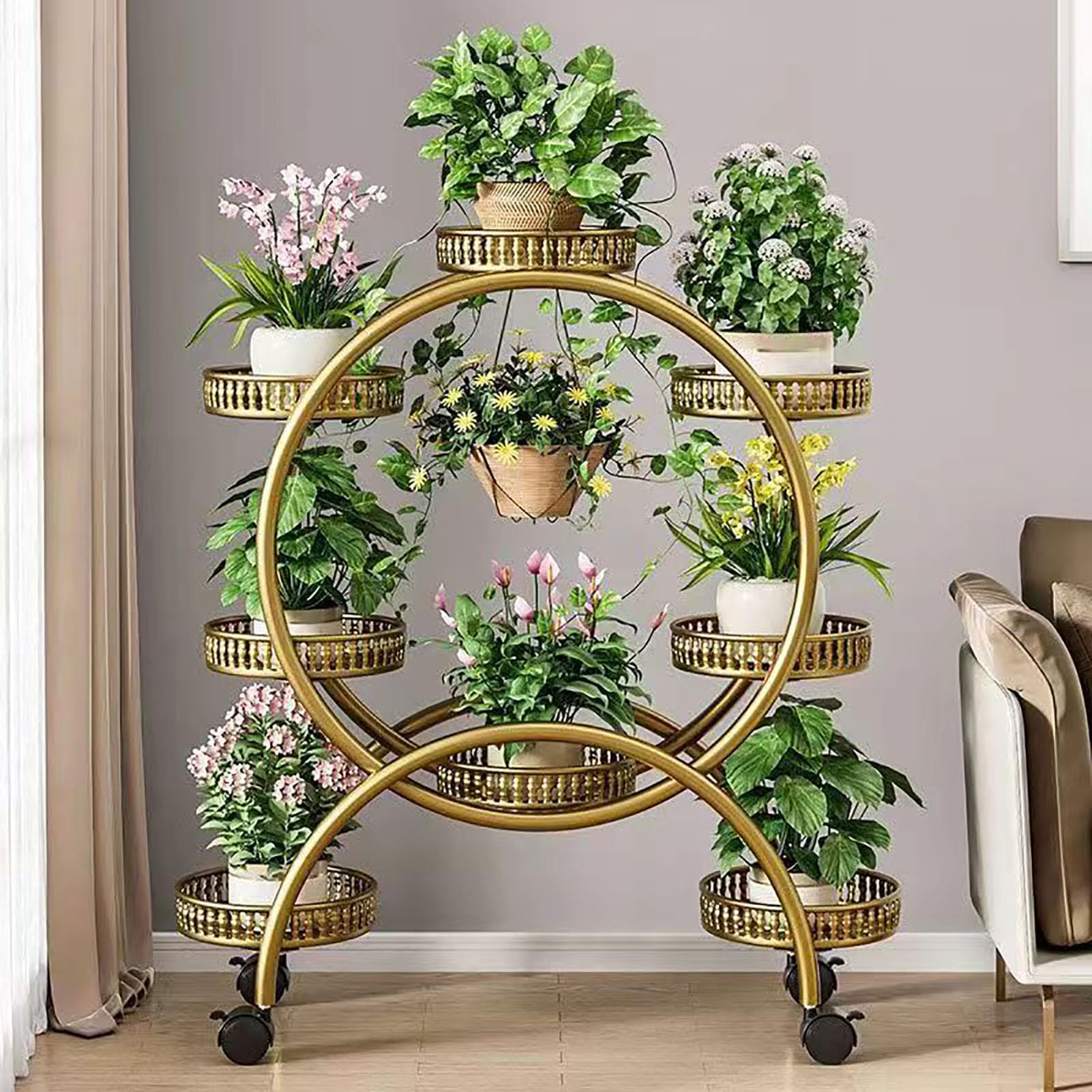 UIHECTA Multi-Layered Flower Stand, Creative Metal Plant Stand, Balcony Flowerpot Stand, 4/6/8 Trays, With Wheel, Garden Plant Rack, Home Decorative,Yellow,8 Flower Plate