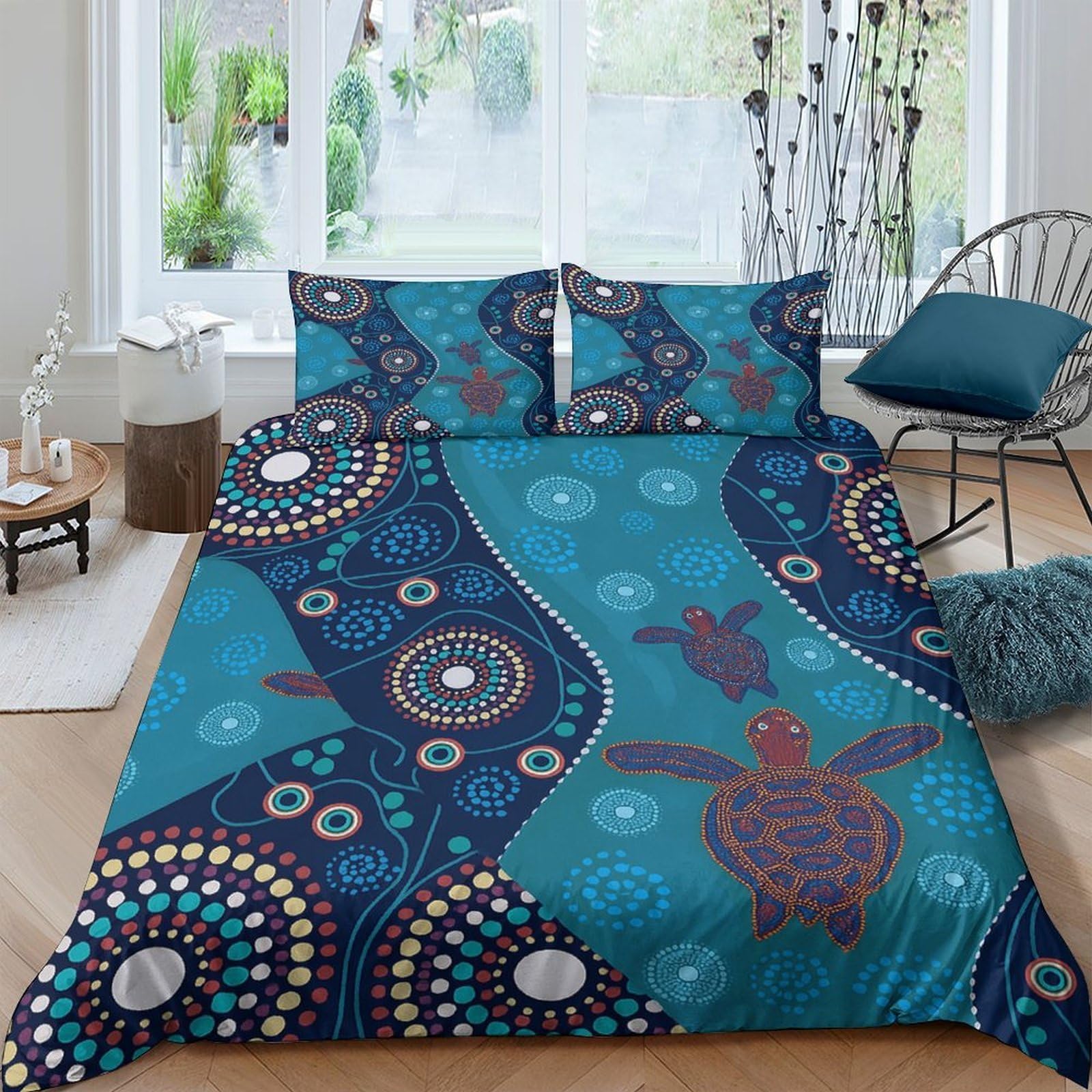 Ctjqhvkz Style-7 3D Printed Ocean Turtle Fitted Sheet Microfiber Soft Blue Aboriginal Mattress Cover For Bedroom Decor Protection Single（135X200cm）