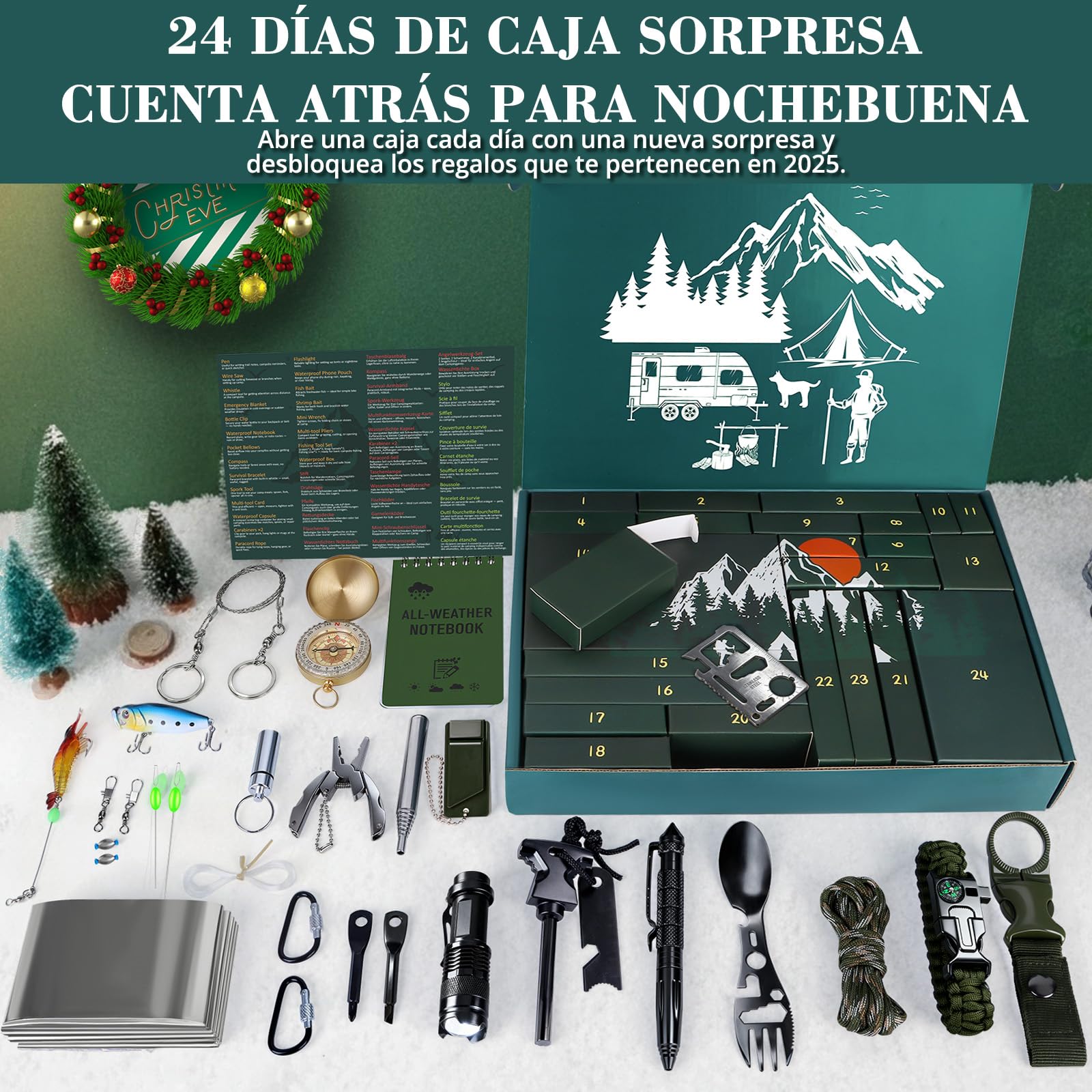 BuzzoXerex Calendario de Adviento 2025 Hombre, 24 PCS Kit de Supervivencia para Camping