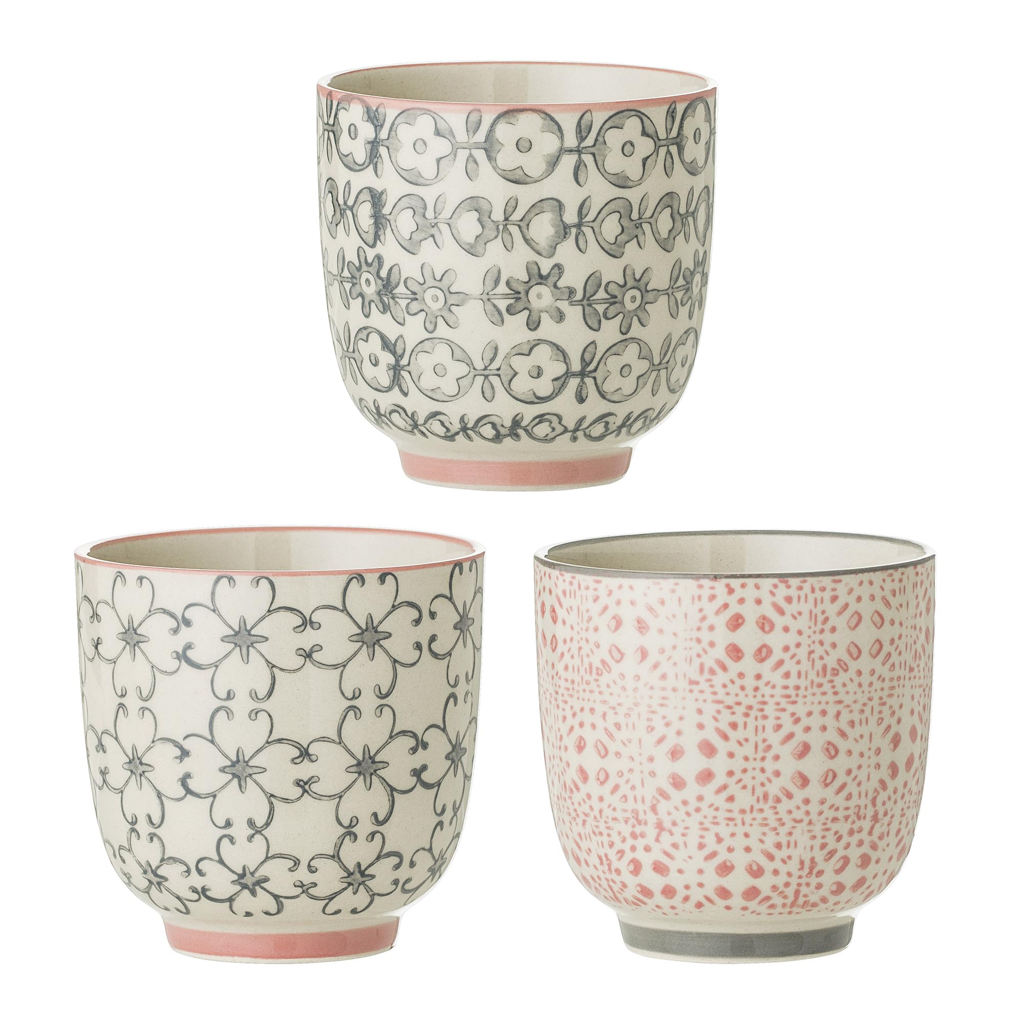 Bloomingville Cozy Set of 3 Ceramic Mugs (1 Pack), 3, Grey, Pink