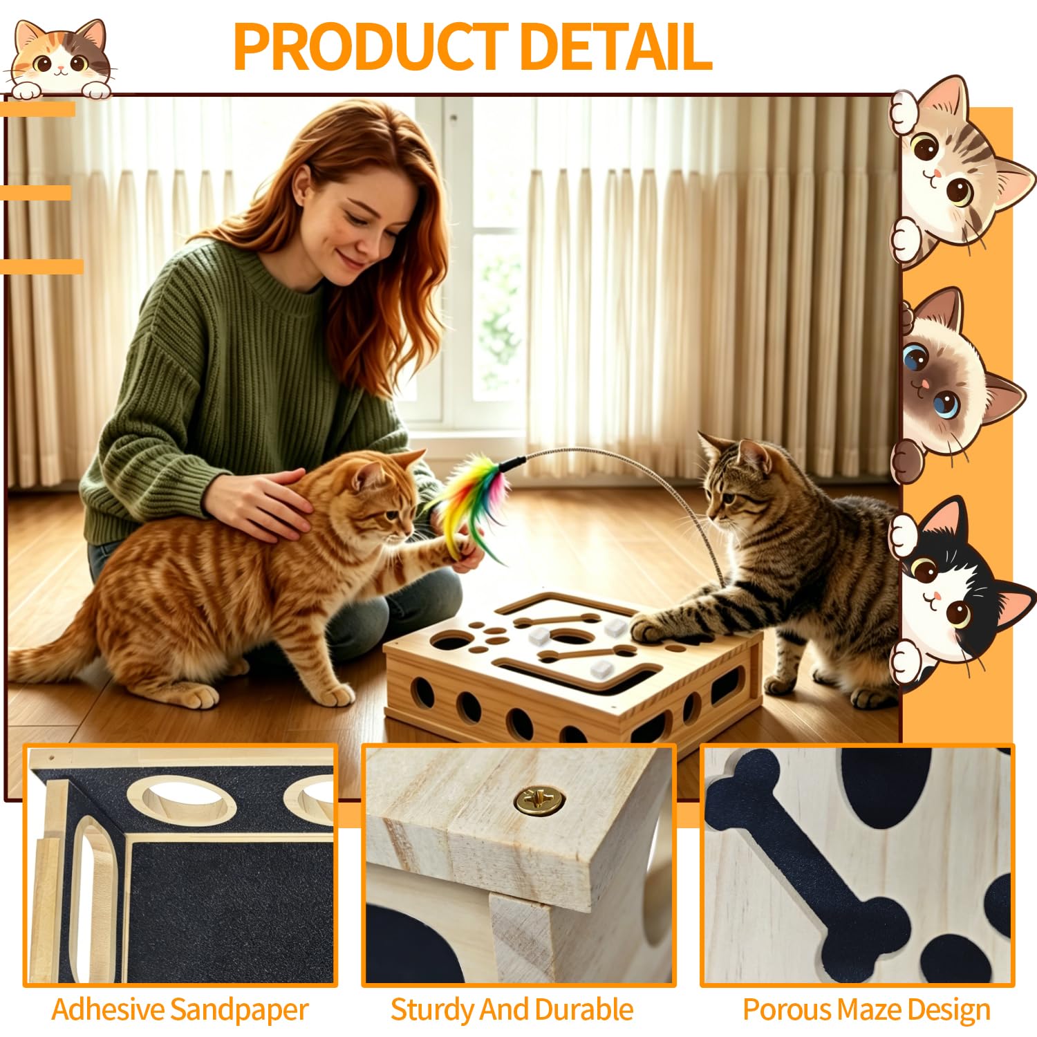 Giochi Interattivi per Gatti in Legno Massello 2 in 1 con Carta Abrasiva | Giochi Gatto Tiragraffi Cartone Gioco Gatto con Carta Abrasiva Bacchetta di Piume Tre Palline Sonagli Dimensione 30X25X7,8 cm