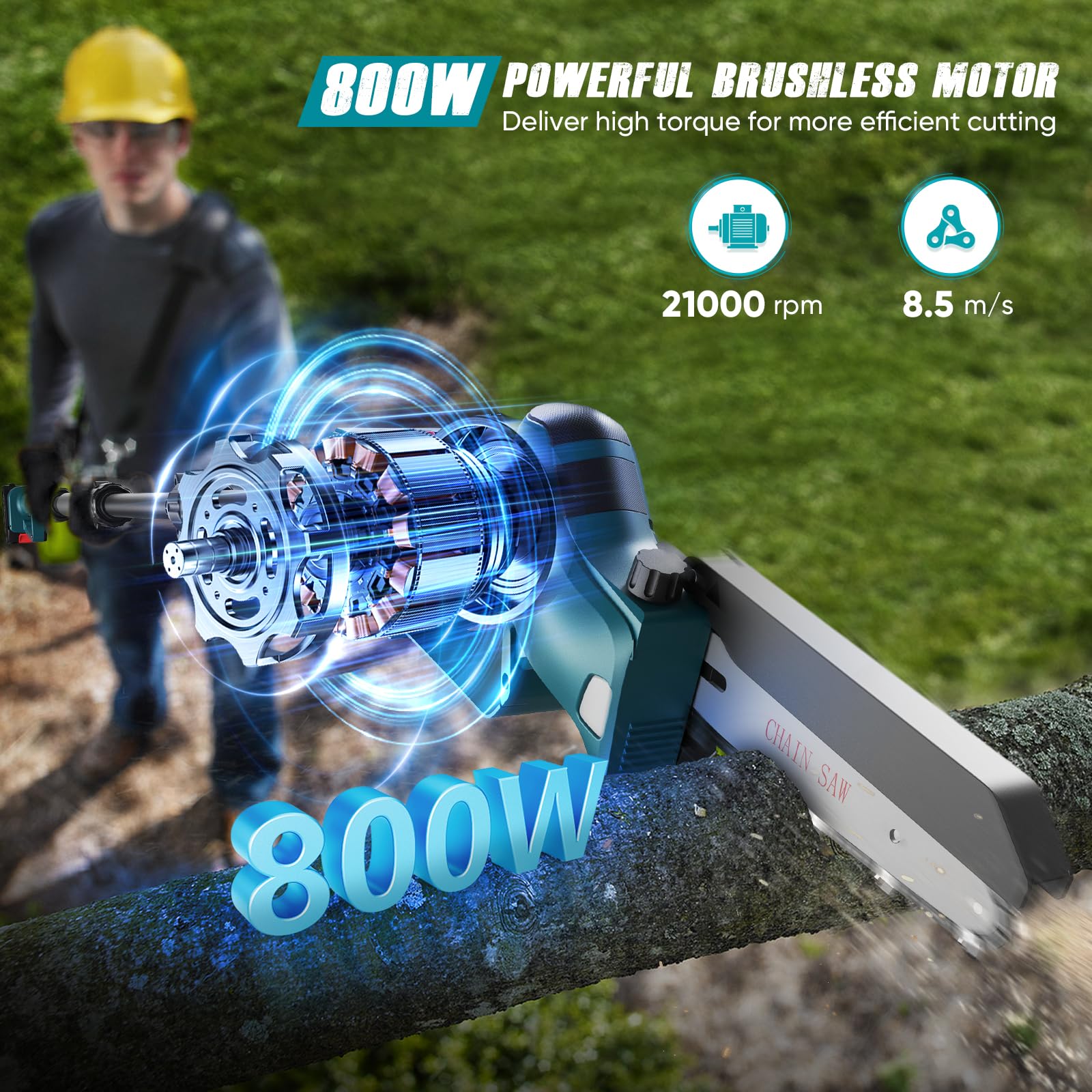 2 in 1 Perche Élagueuse 6 et 8 Pouces, Mini Tronçonneuse avec 2 Batteries 4000 mAh, 4 Longueurs Peuvent être Epissées Extension jusqu'à 14.1FT Élagueuse pour le Jardin, le Branches et le Bois