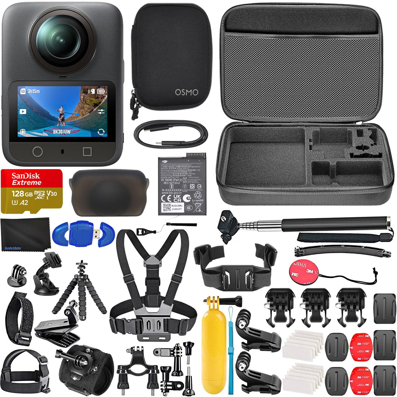 DJI Osmo 360 Standard Combo, 360 Camera with 1-Inch 360° Imaging, Native 8K 360° Video Bundle with 128GB Memory Card, Card Reader + 50 Piece Accessory Kit