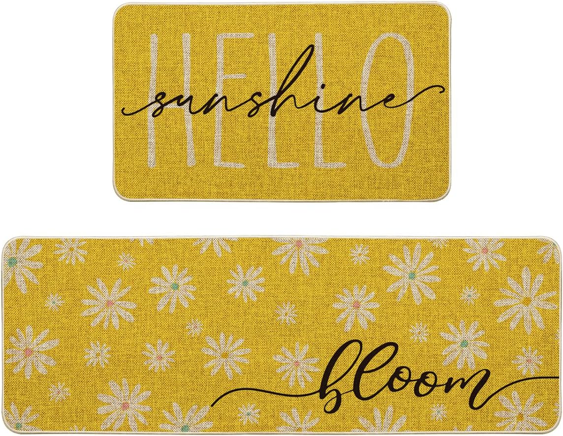Artoid Mode Yellow Daisy Hello Sunshine Bloom Spring Kitchen Mats Set of 2, Home Decor Low-Profile Kitchen Rugs for Floor - 24x35 and 24x59 Inch