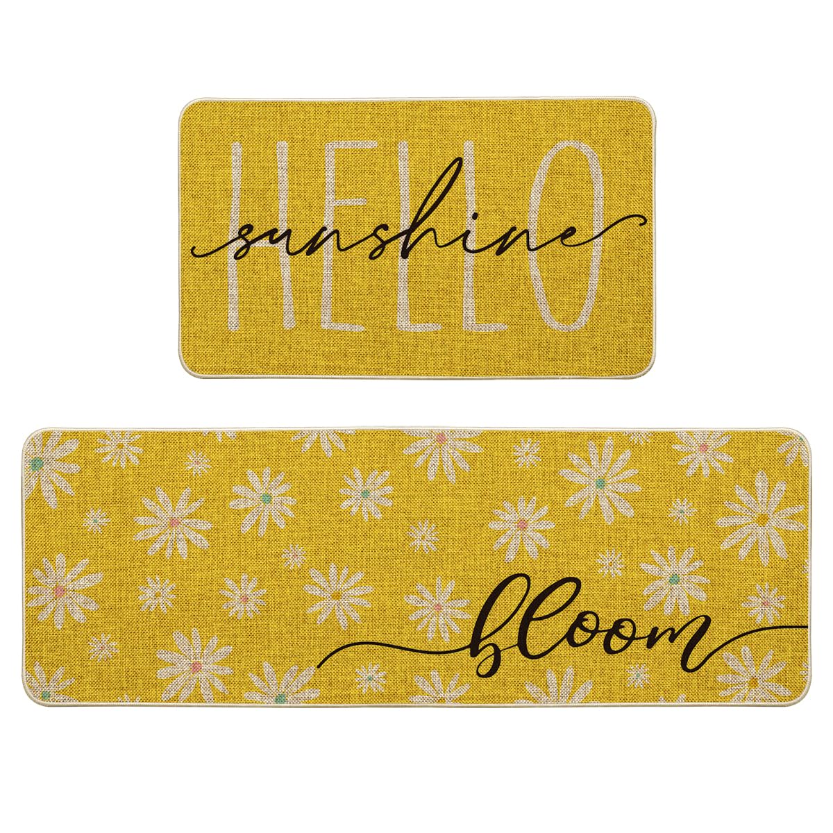 Artoid Mode Yellow Daisy Hello Sunshine Bloom Spring Kitchen Mats Set of 2, Home Decor Low-Profile Kitchen Rugs for Floor - 17x29 and 17x47 Inch